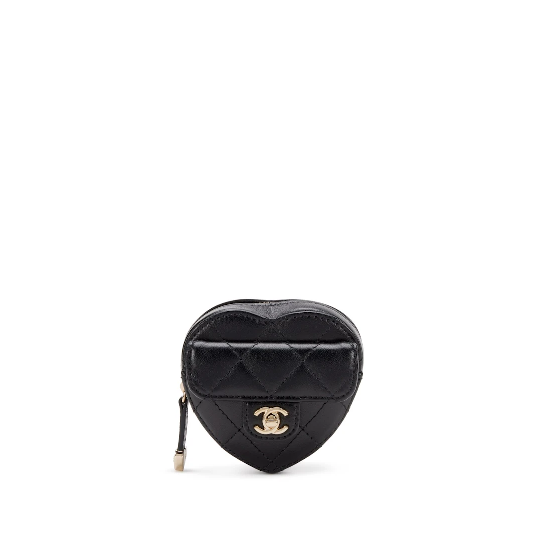 Black Quilted Lambskin Heart Zipped Coin Wrist Purse Gold Hardware, 2022