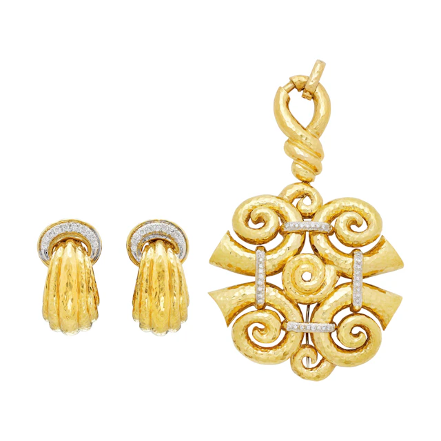 Vintage Gold and Diamond Earclips and Convertible Pendant Brooch Set