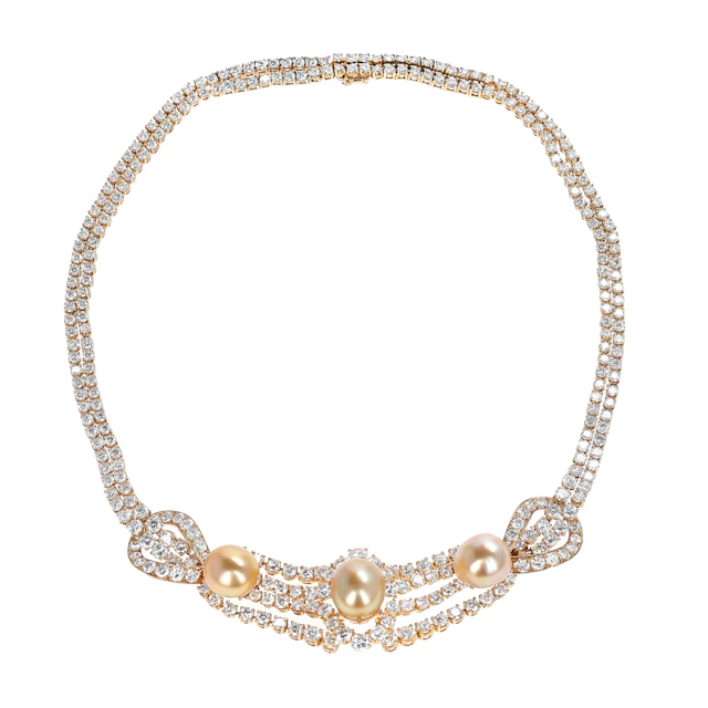 Gold, Cultured Pearl and Diamond Necklace