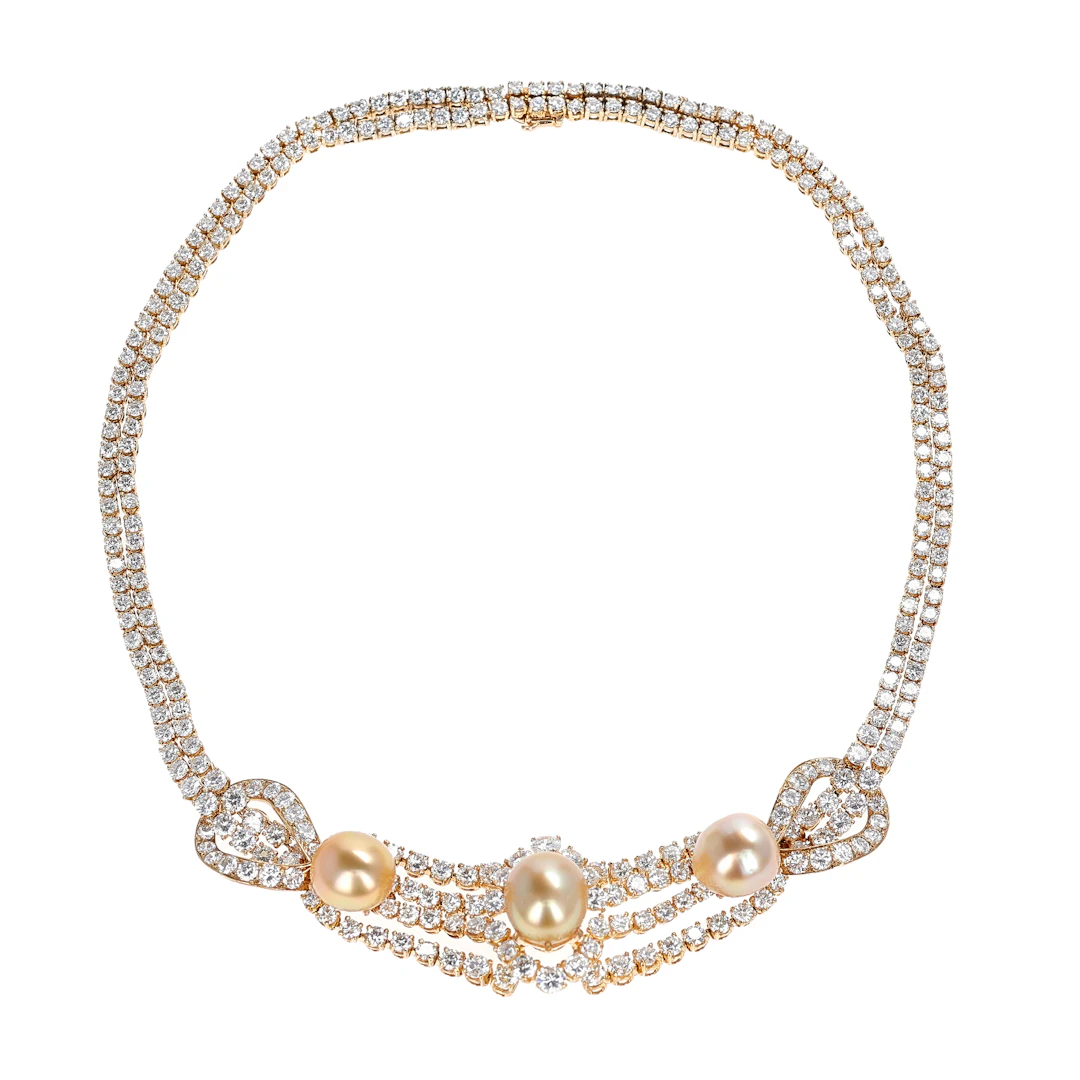 Gold, Cultured Pearl and Diamond Necklace