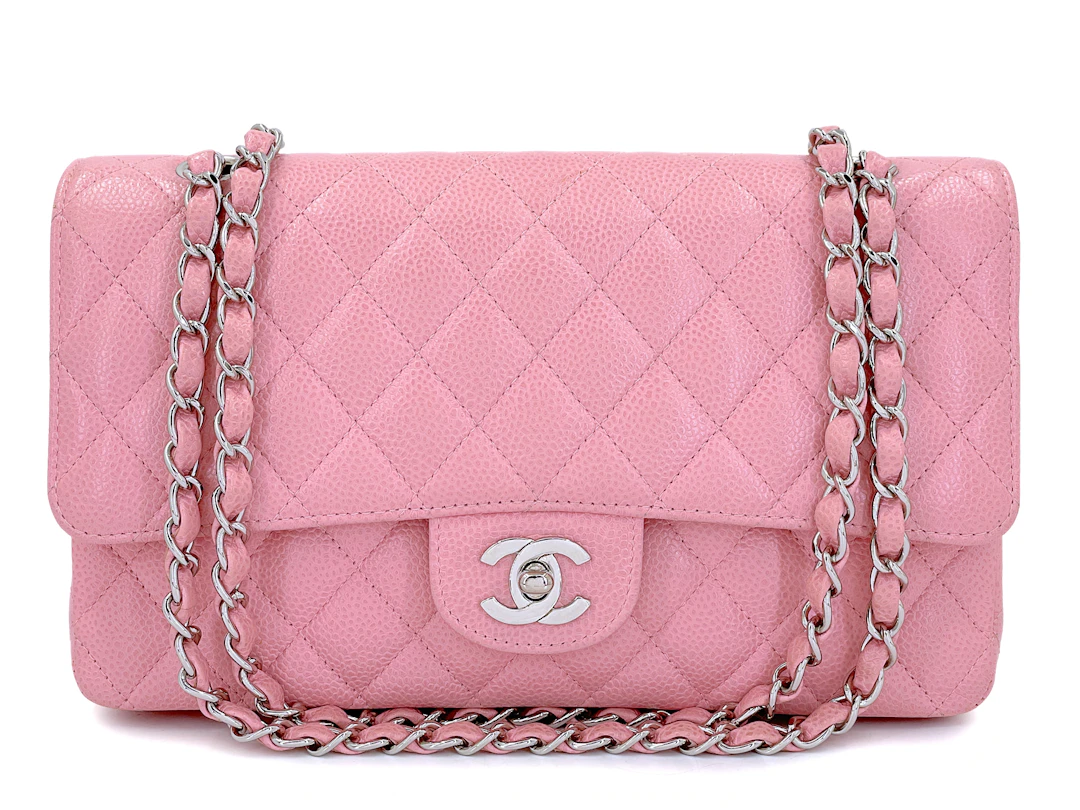 Sakura Pink Quilted Caviar Medium Classic Double Flap Bag Silver Hardware