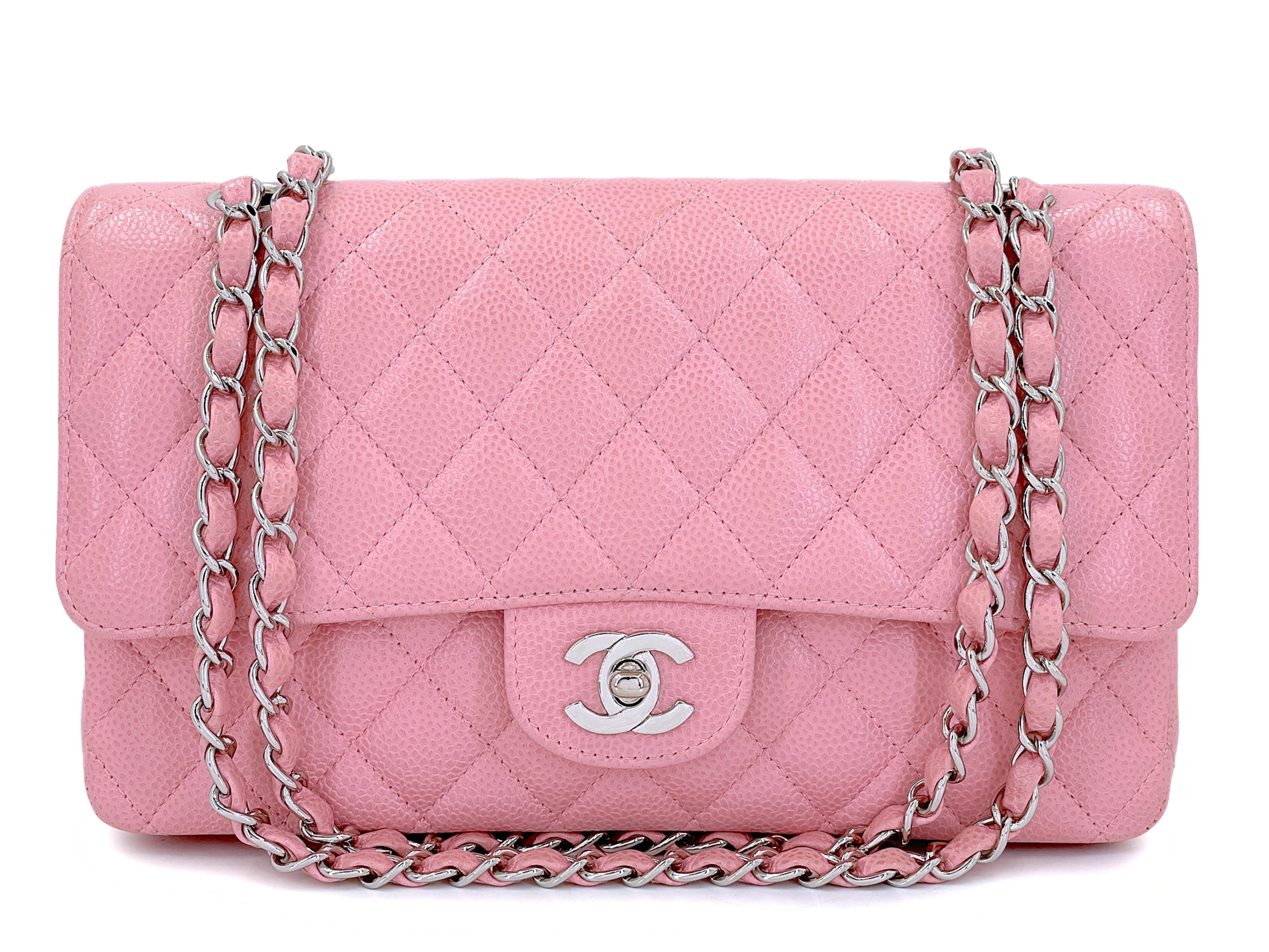 Sakura Pink Quilted Caviar Medium Classic Double Flap Bag Silver Hardware