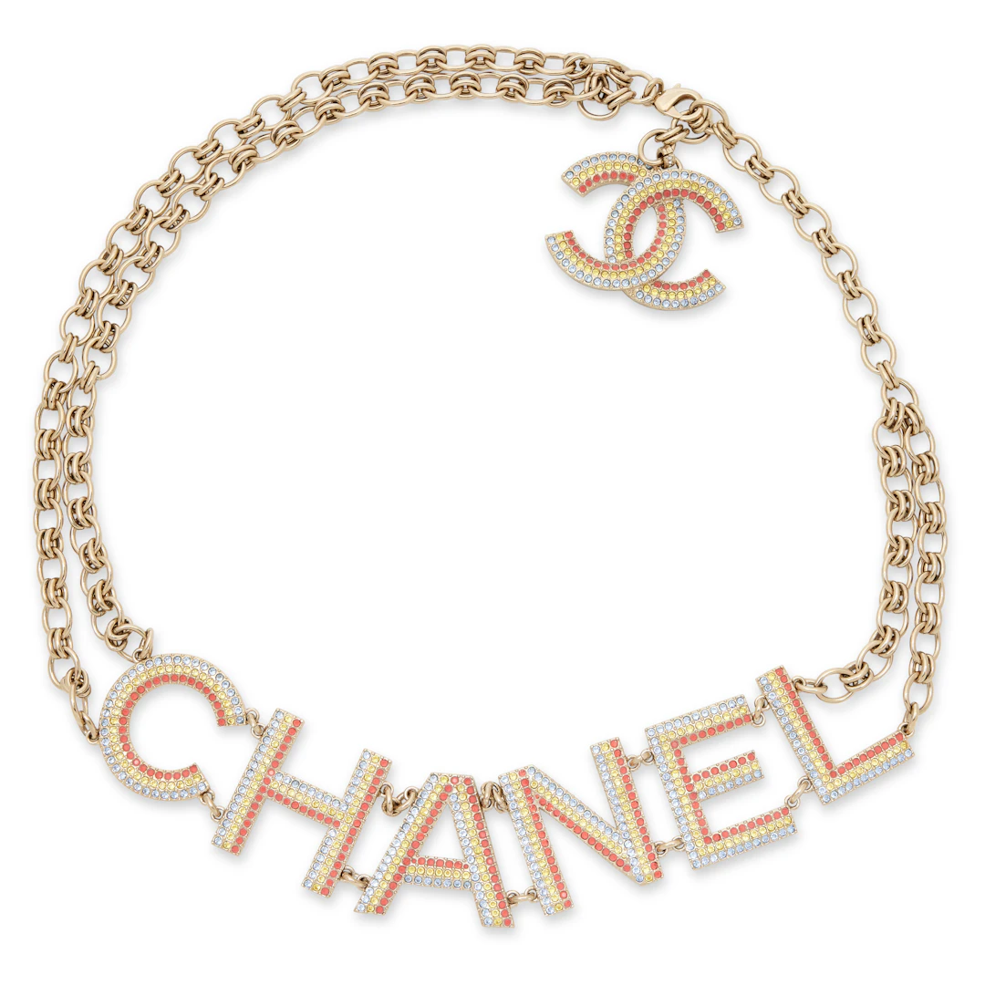 Rainbow Pavé Crystal and Gold Strass Logo Chain Necklace, 2023