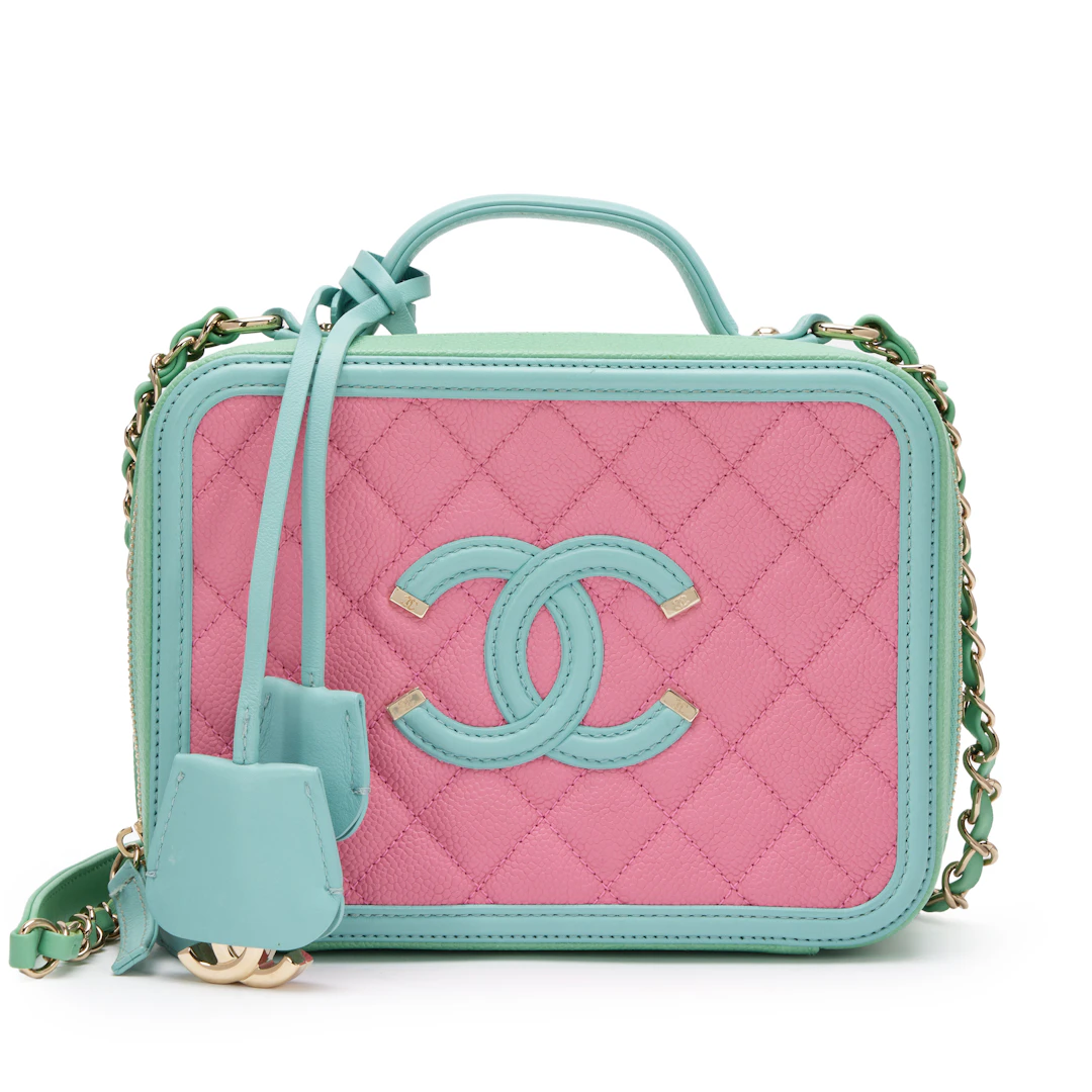 Multicolor Quilted Caviar Small CC Filigree Vanity Case Pale Gold