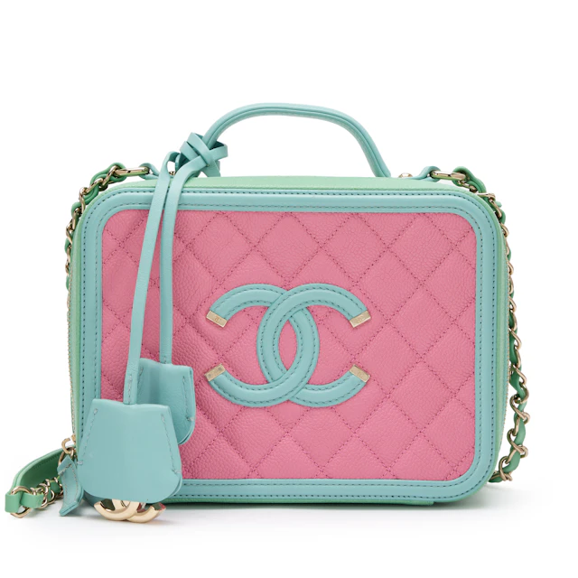 Multicolor Quilted Caviar Small CC Filigree Vanity Case Pale Gold