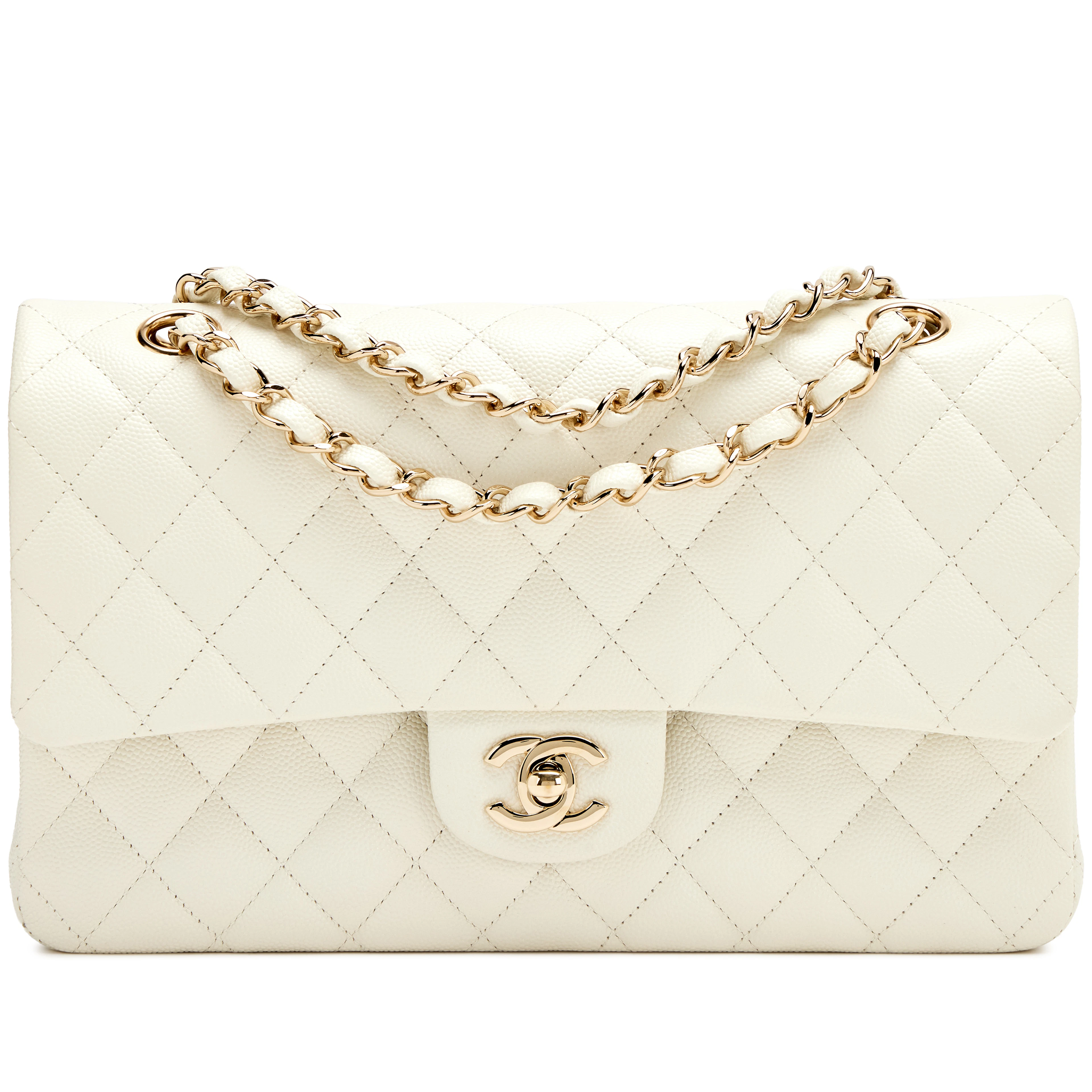 Cream White Quilted Caviar Medium Classic Double Flap Bag Light Gold