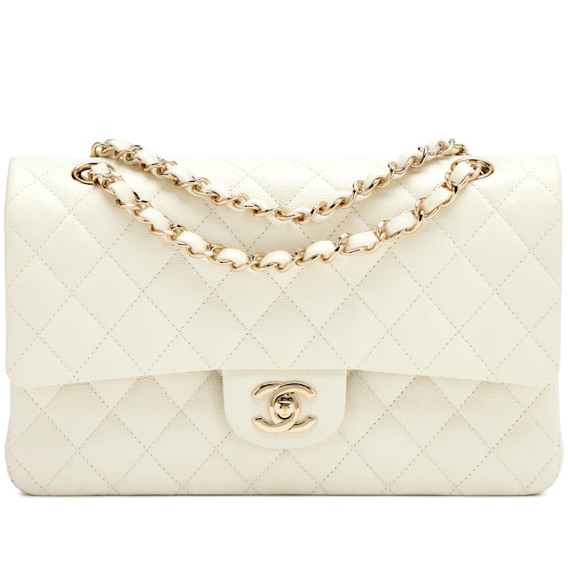 Cream White Quilted Caviar Medium Classic Double Flap Bag Light Gold
