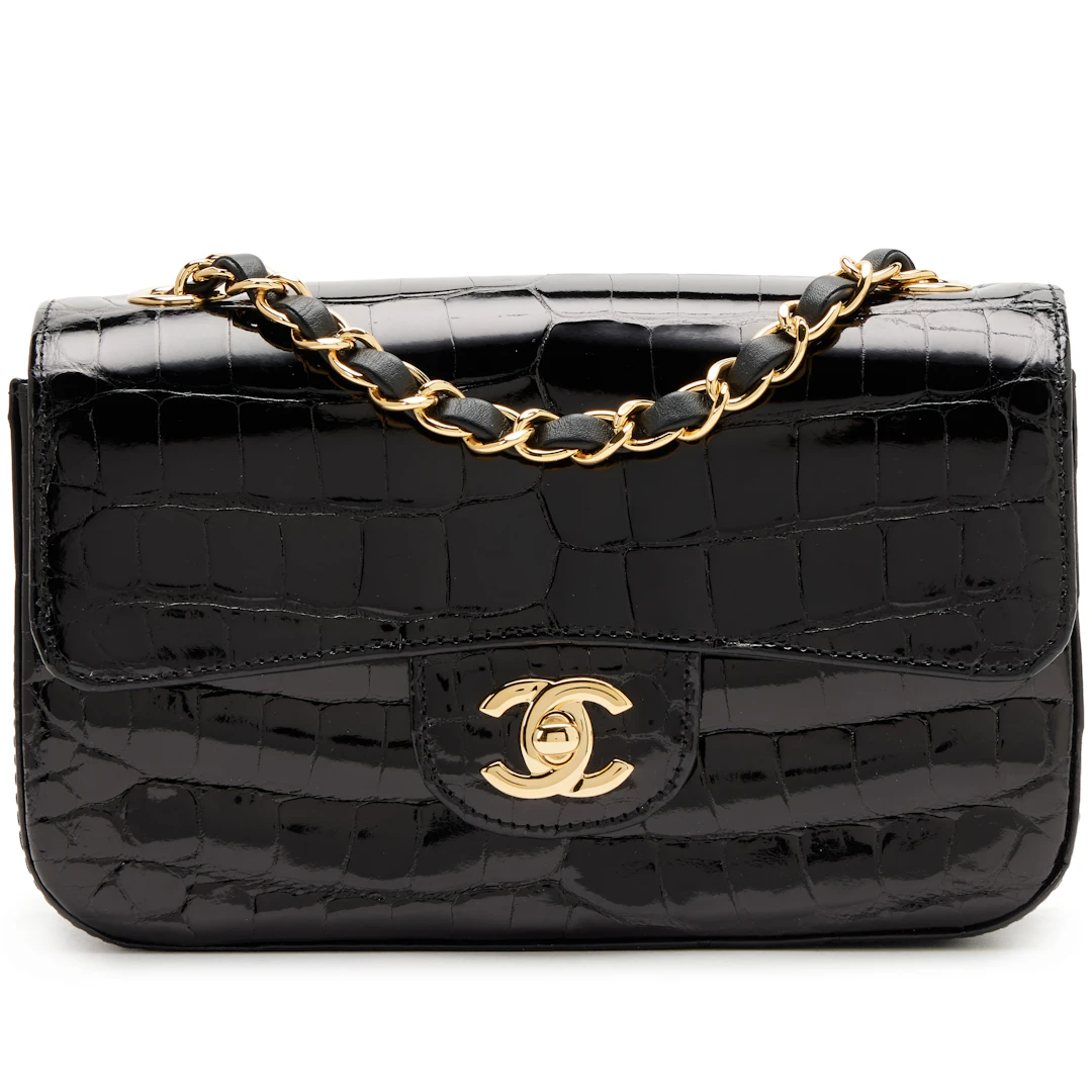 Black Shiny Alligator Mini Rectangular Classic Single Flap Gold Hardware, 2017