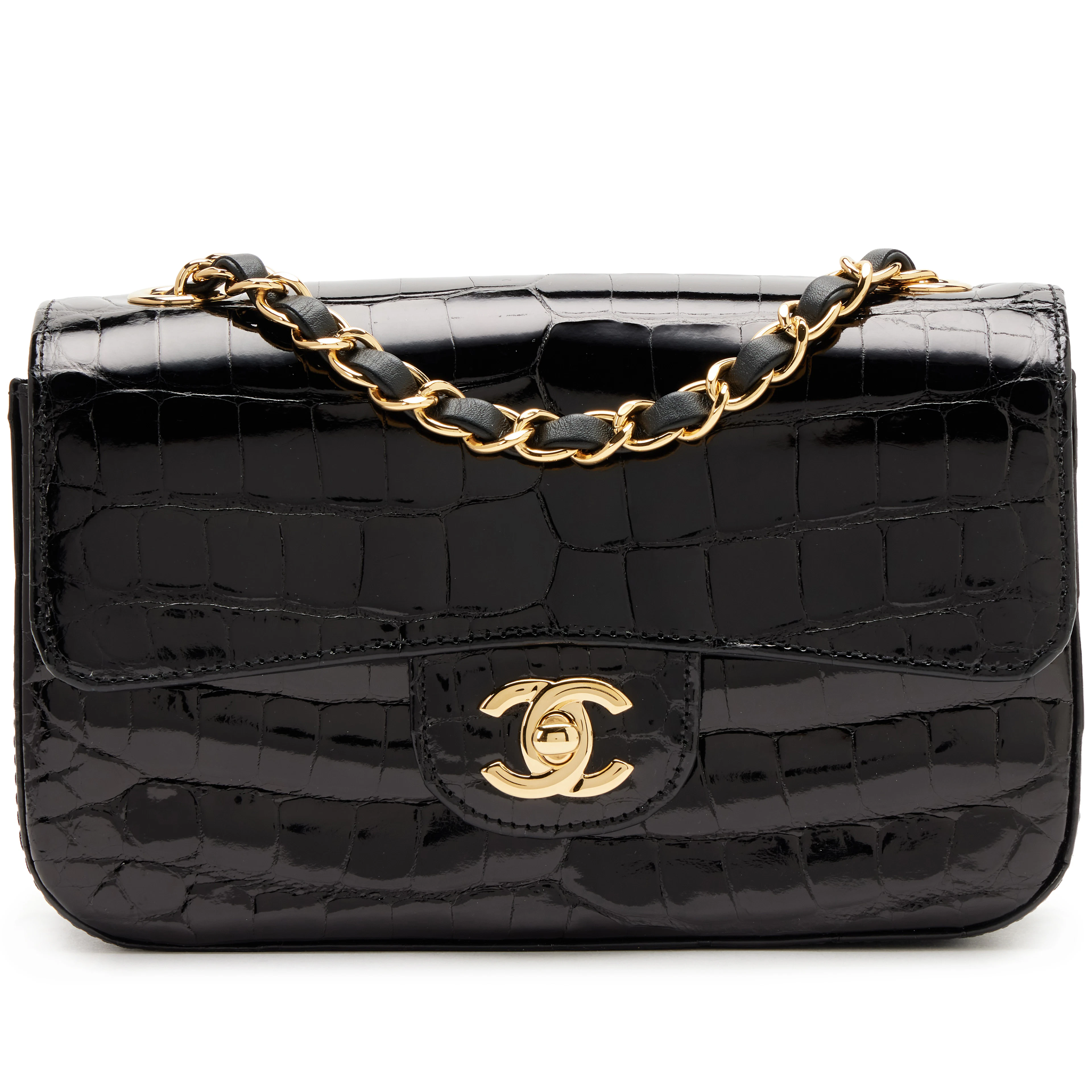 Black Shiny Alligator Mini Rectangular Classic Single Flap Gold Hardware, 2017