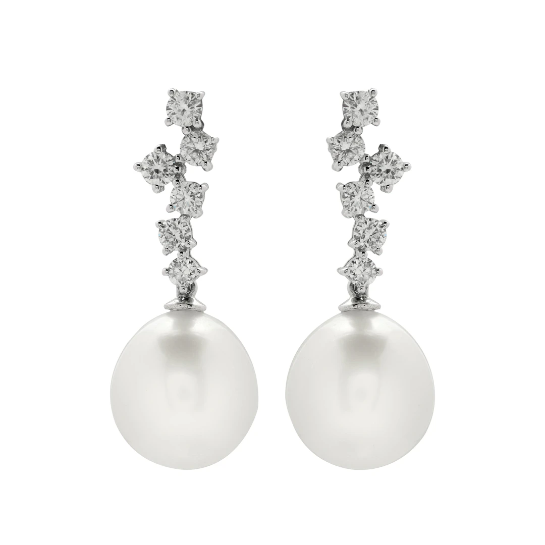 White Gold, Cultured Pearl and Diamond Drop Earrings