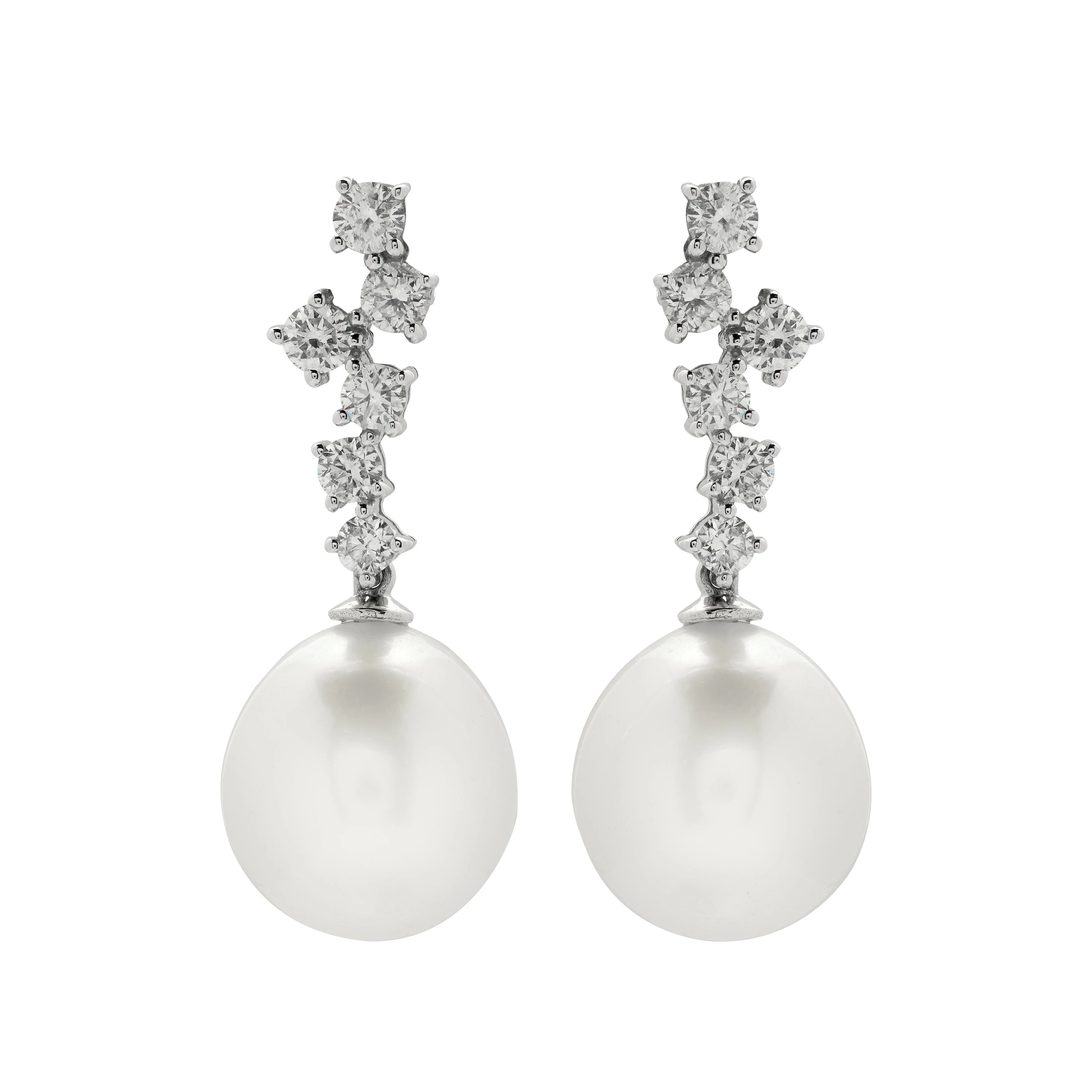 White Gold, Cultured Pearl and Diamond Drop Earrings