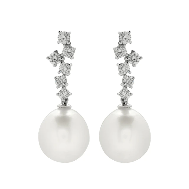 White Gold, Cultured Pearl and Diamond Drop Earrings