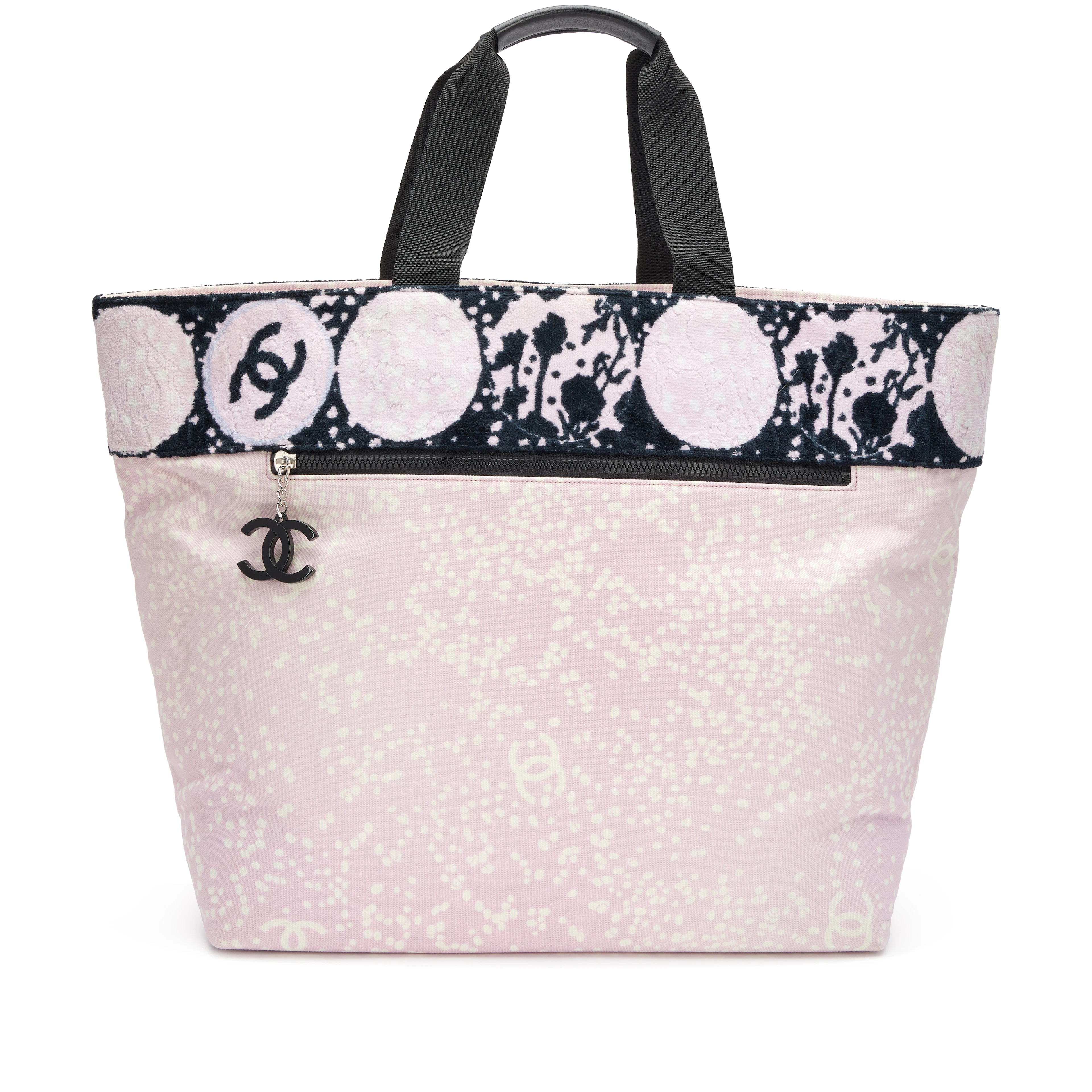 Pink and Black Terry Cotton Canvas Printed Large CC Tote Silver Hardware, 2005