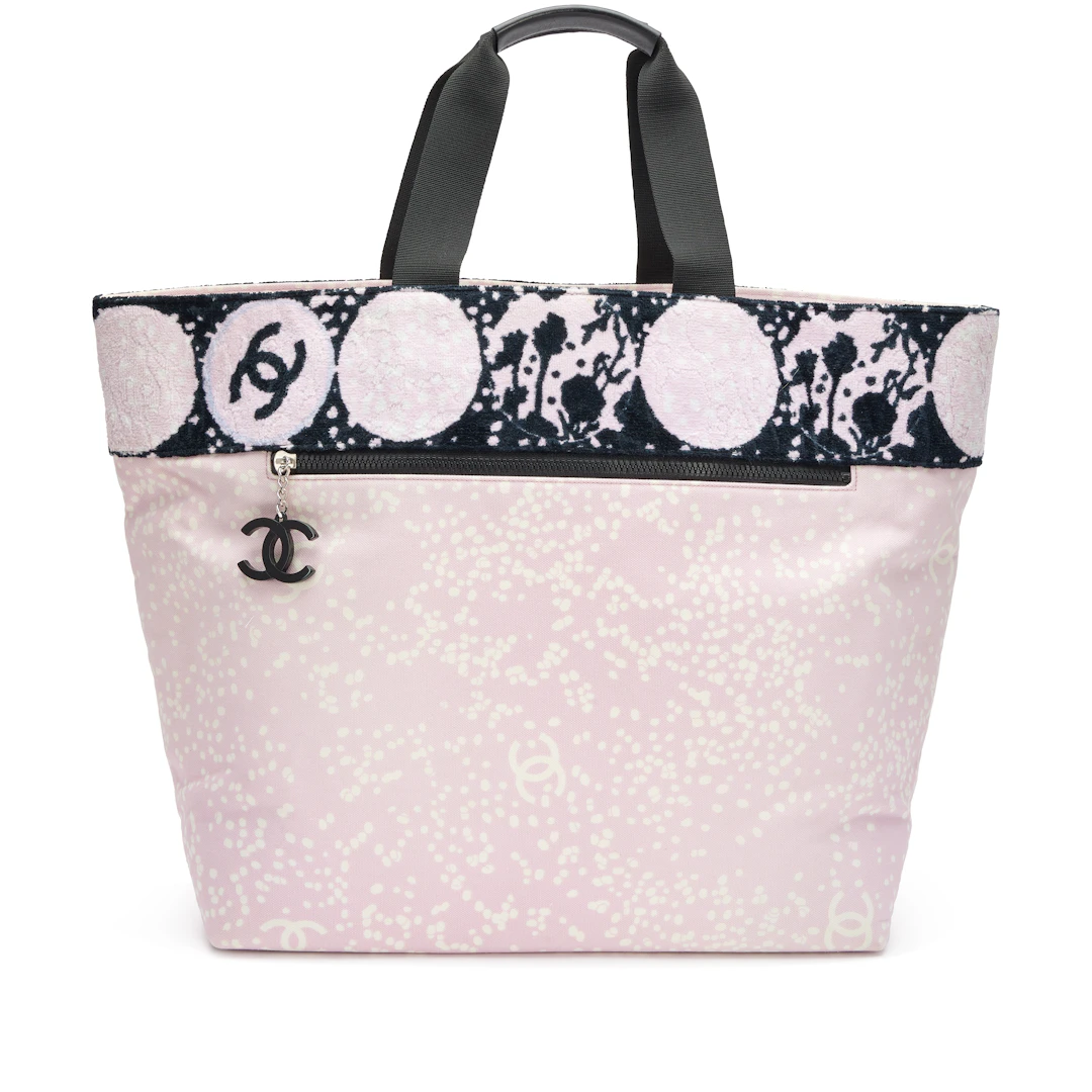 Pink and Black Terry Cotton Canvas Printed Large CC Tote Silver Hardware, 2005