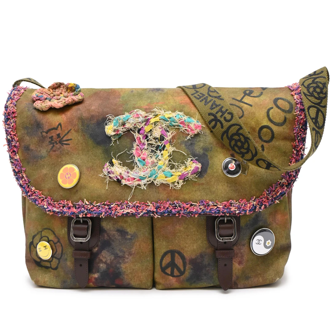 Multicolor Graffiti Tweed and Khaki Toile On The Pavement Large Messenger