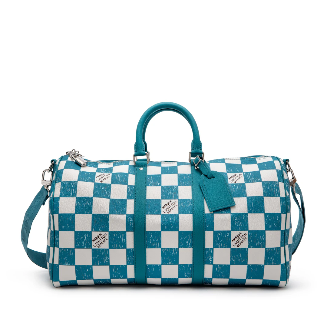 Virgil Abloh Teal and White Damier Leather Marque Déposée Keepall