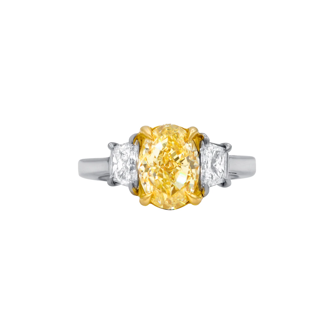 Platinum, Gold, 2.58ct Oval Cut Fancy Yellow Diamond and Diamond Engagement