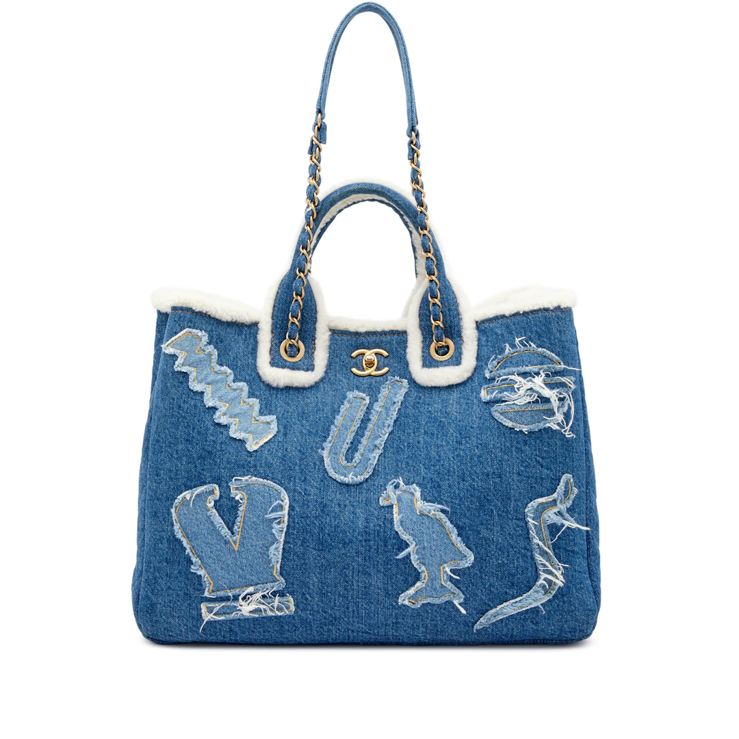 Blue Denim, White Shearling Paris-New York Hieroglyph Coco Tote Gold
