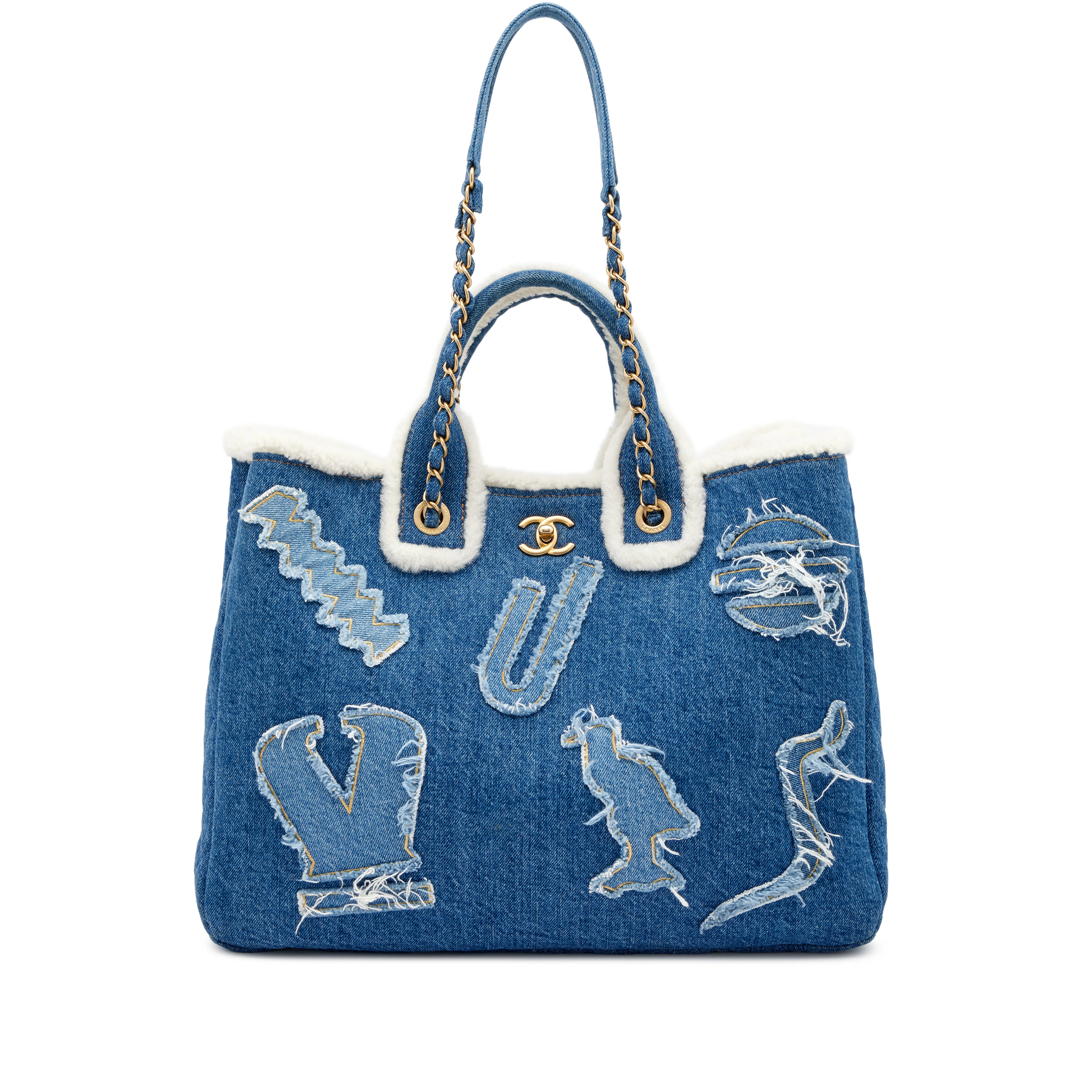Blue Denim, White Shearling Paris-New York Hieroglyph Coco Tote Gold