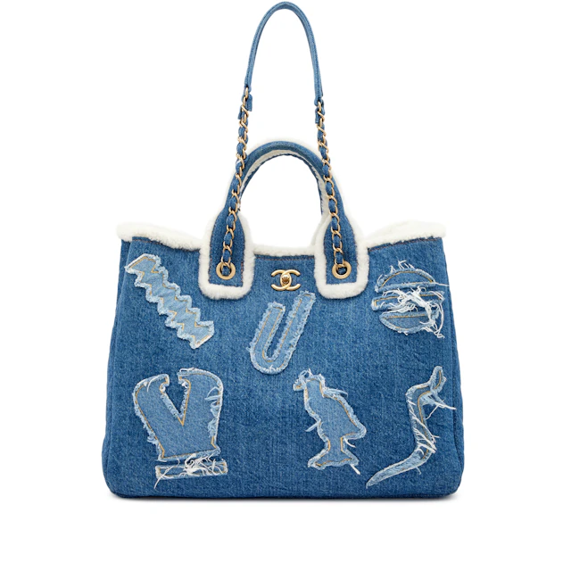 Blue Denim, White Shearling Paris-New York Hieroglyph Coco Tote Gold