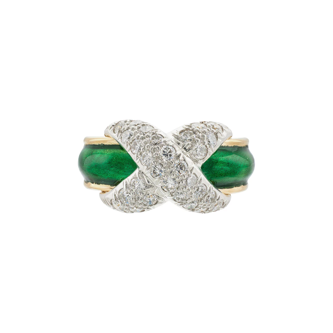 Gold, Platinum, Enamel and Diamond X Motif Ring