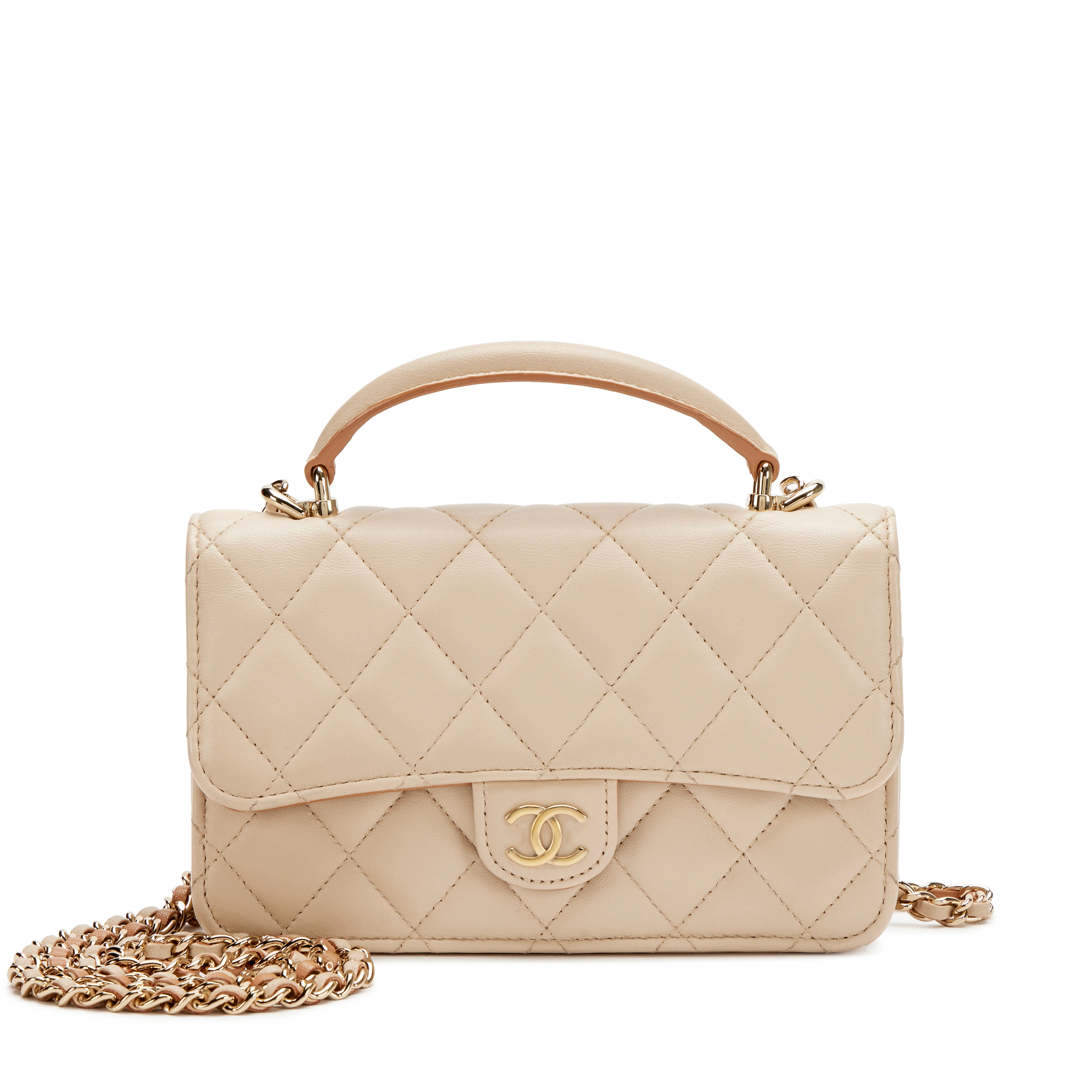 Beige and Brown Quilted Lambskin Phone Holder Flap Bag with Chain