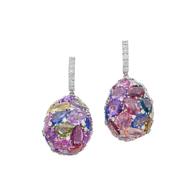 White Gold, Multicolor Sapphire and Diamond Drop Earrings