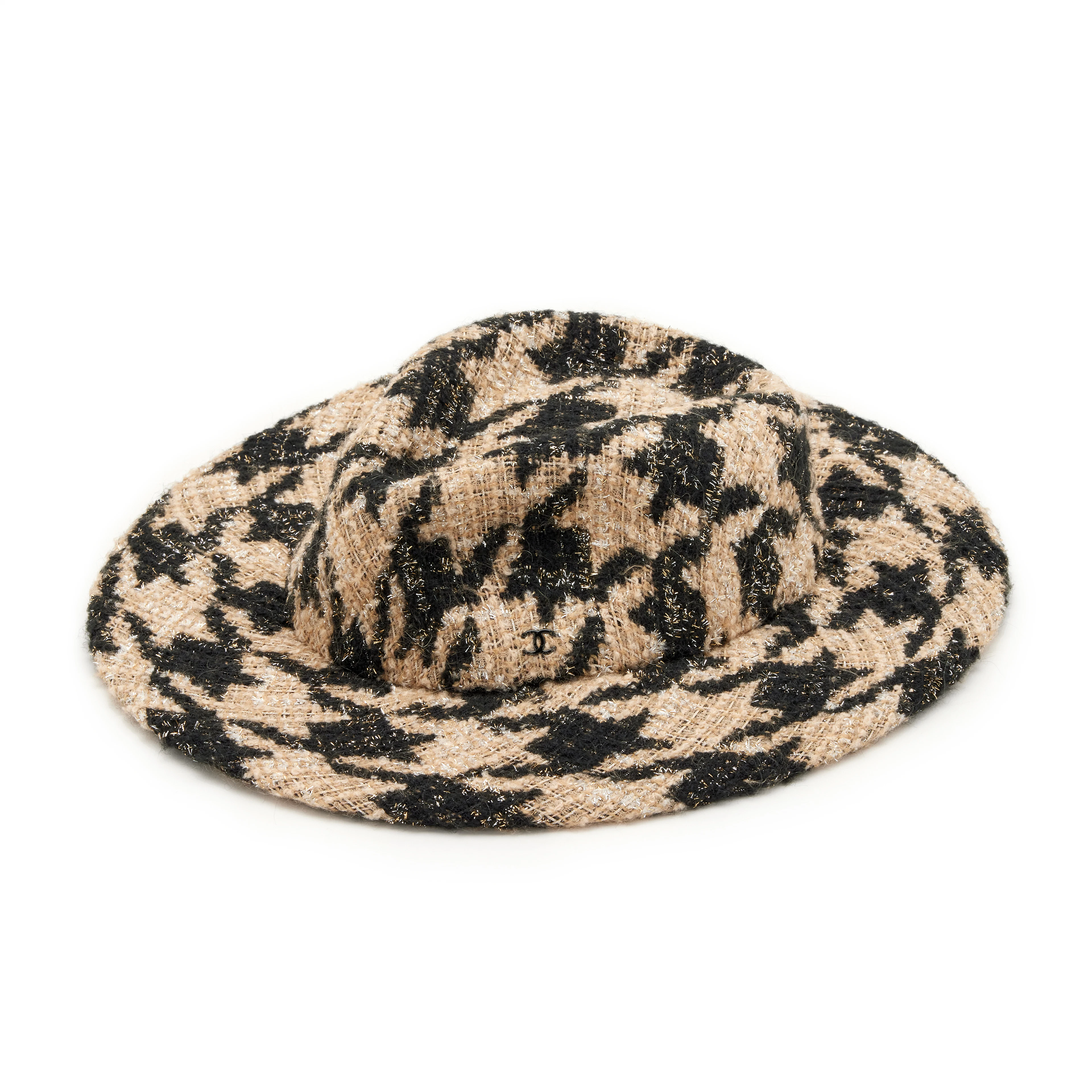 Beige, Black and Silver Houndstooth Tweed Fedora Hat Size S, 2019