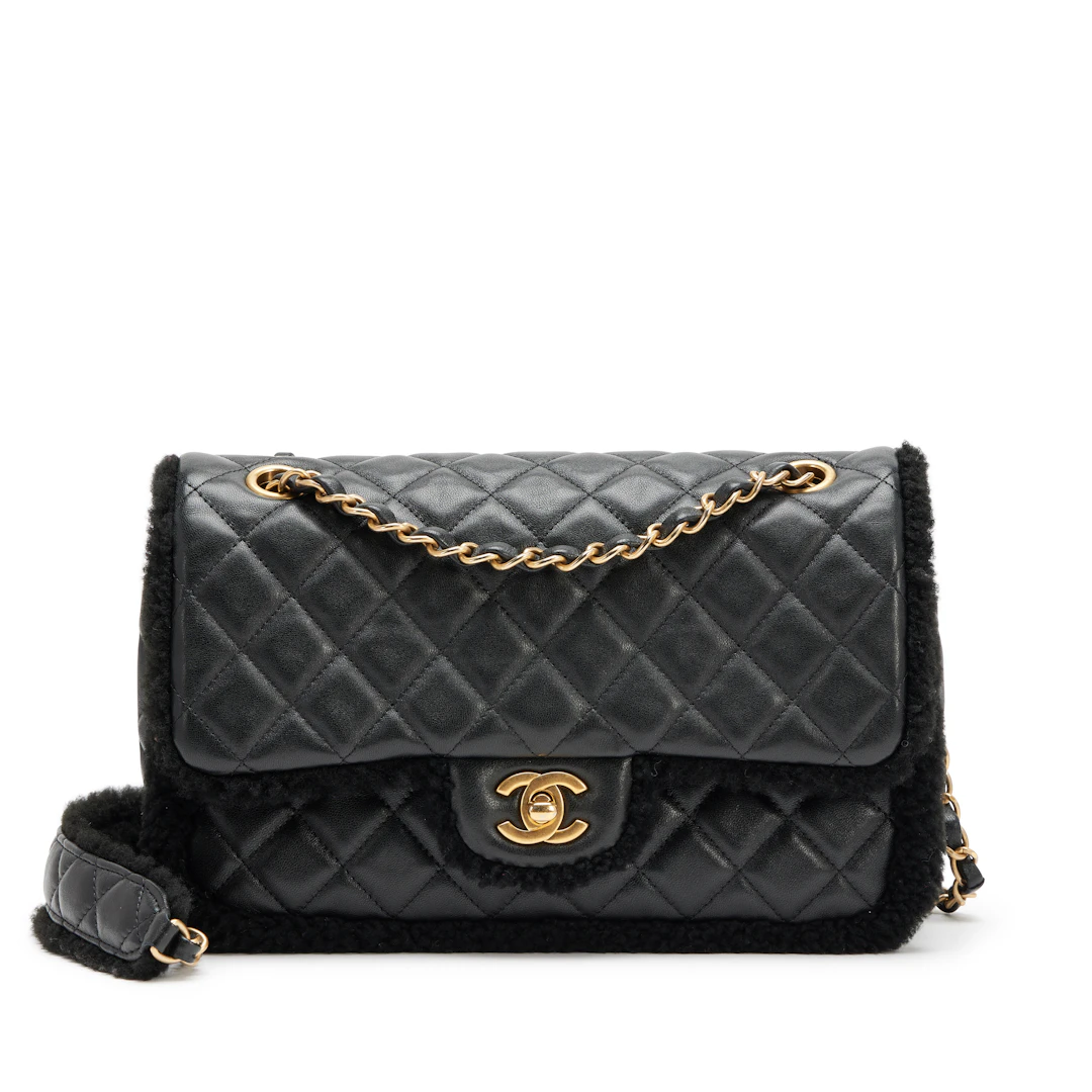 Black Quilted Lambskin and Shearing Muff Medium Flap Bag Brushed Gold