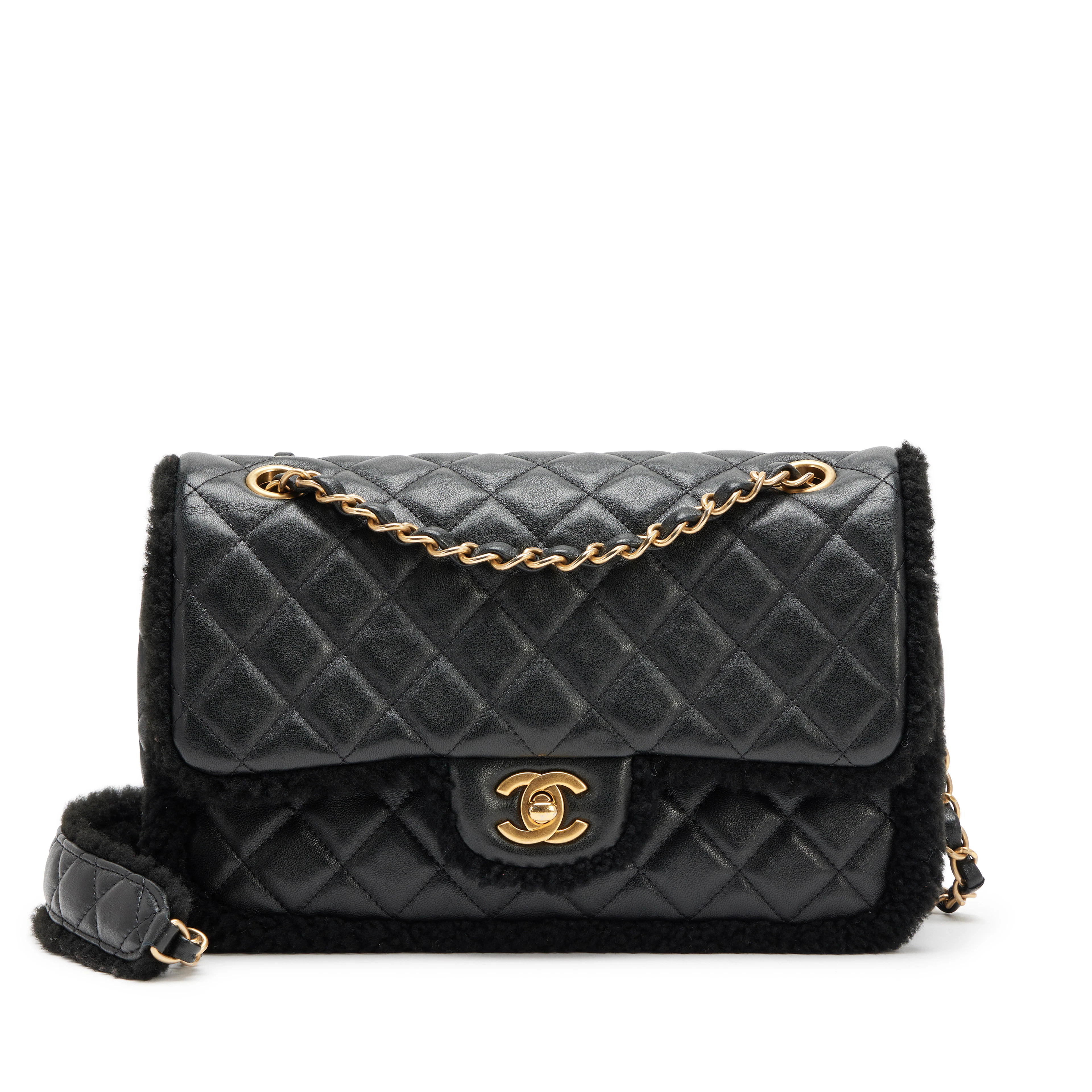 Black Quilted Lambskin and Shearing Muff Medium Flap Bag Brushed Gold