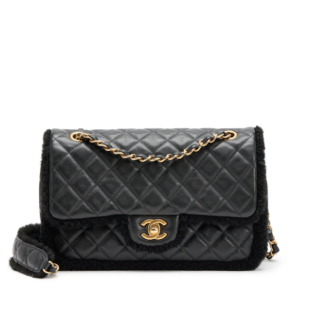 Black Quilted Lambskin and Shearing Muff Medium Flap Bag Brushed Gold