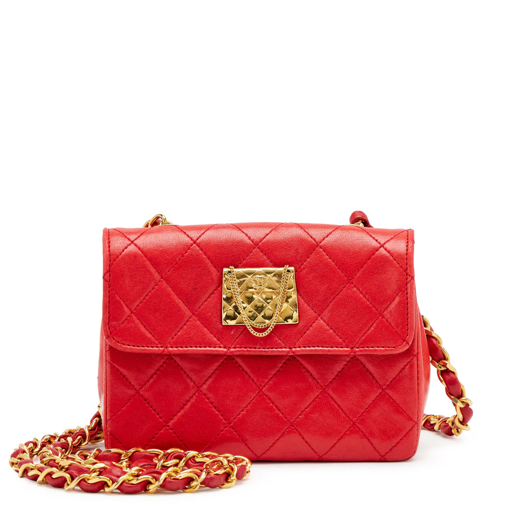 Vintage Red Quilted Lambskin Extra Mini Bag Motif Charm Flap Bag Gold