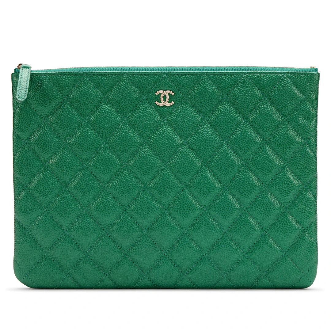 Metallic Pearly Green Quilted Caviar Large O Case Pouch Light Gold