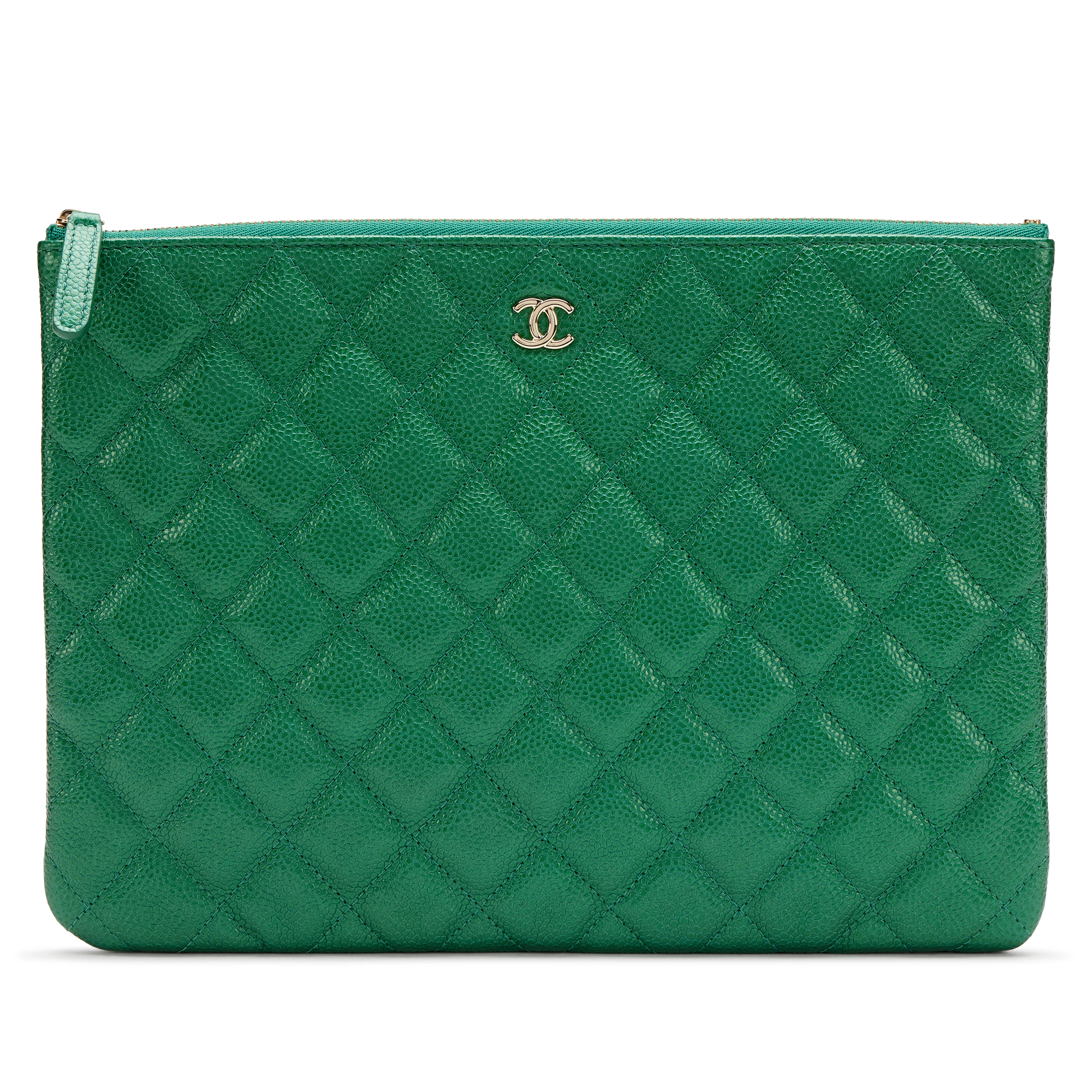 Metallic Pearly Green Quilted Caviar Large O Case Pouch Light Gold