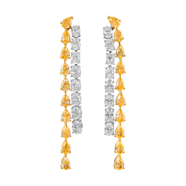 Gold, Pear Shape Yellow Diamond and Oval Cut Diamond Waterfall Drop Earrings
