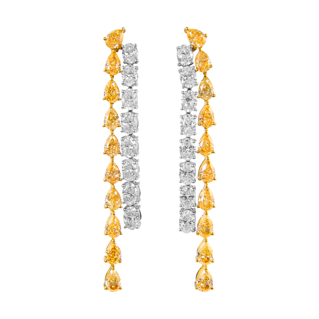 Gold, Pear Shape Yellow Diamond and Oval Cut Diamond Waterfall Drop Earrings