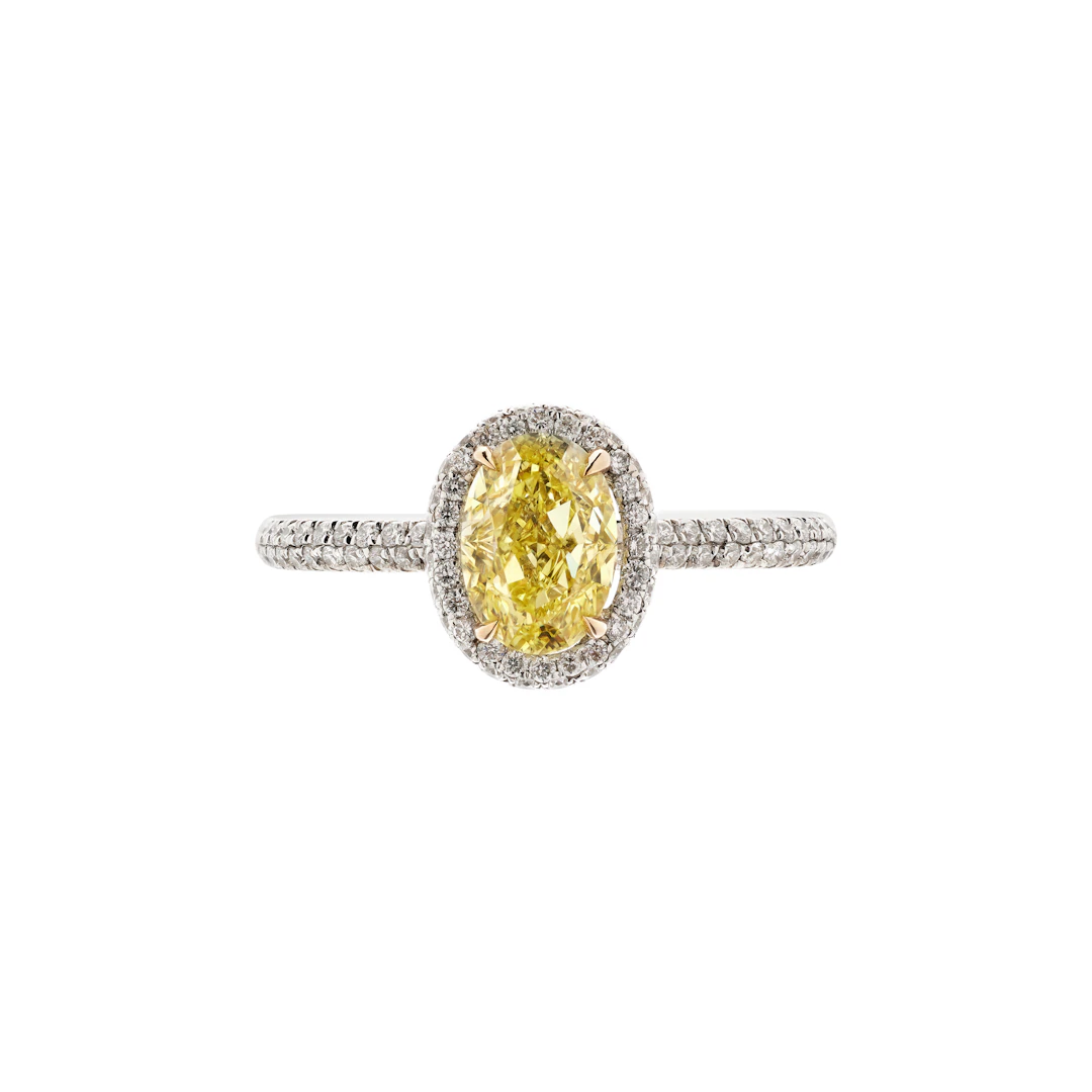 White Gold, 1.09ct Oval Shape Fancy Intense Yellow Diamond and Diamond