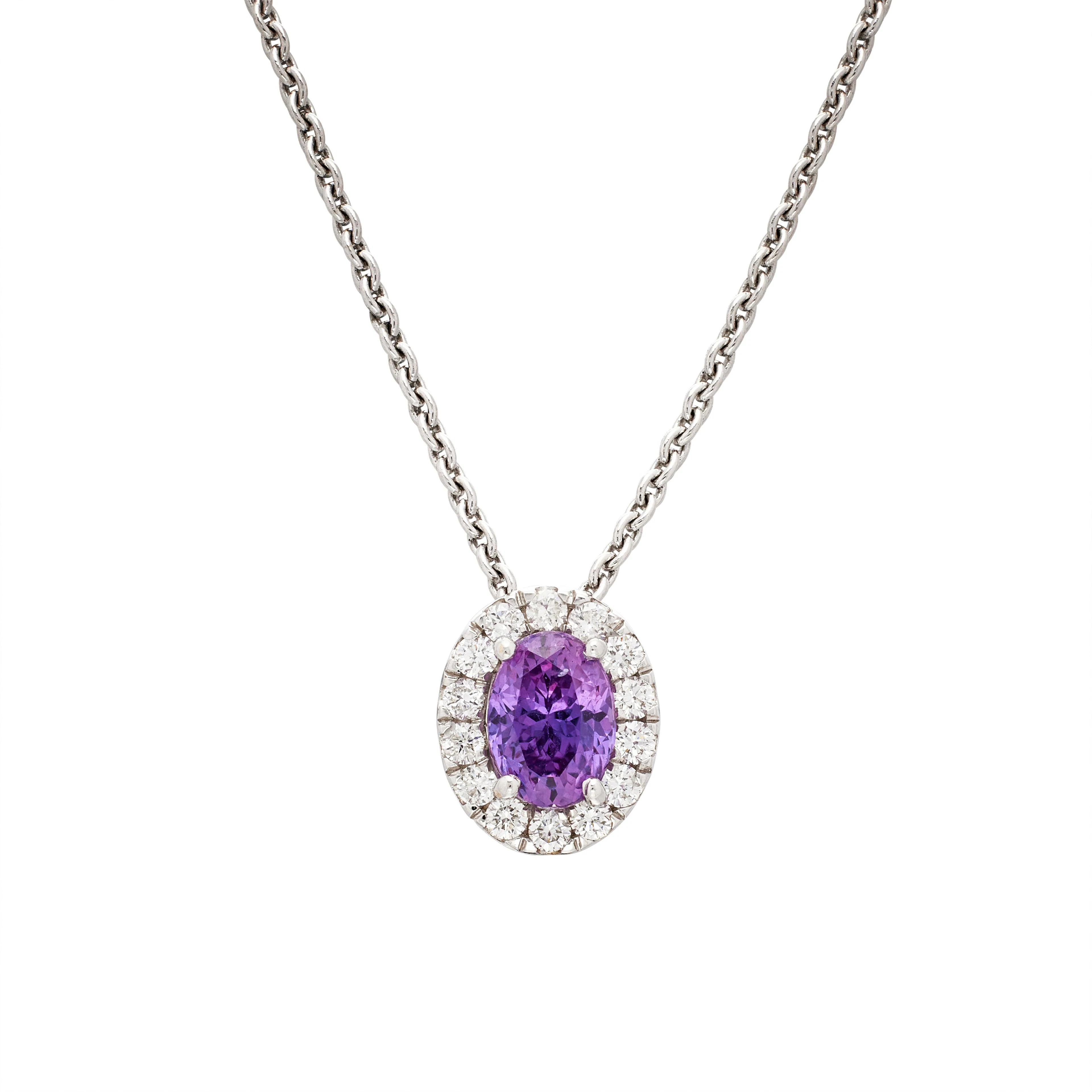 White Gold, 1.45ct Madagascar Pink-Purple Sapphire and Diamond Pendant Necklace