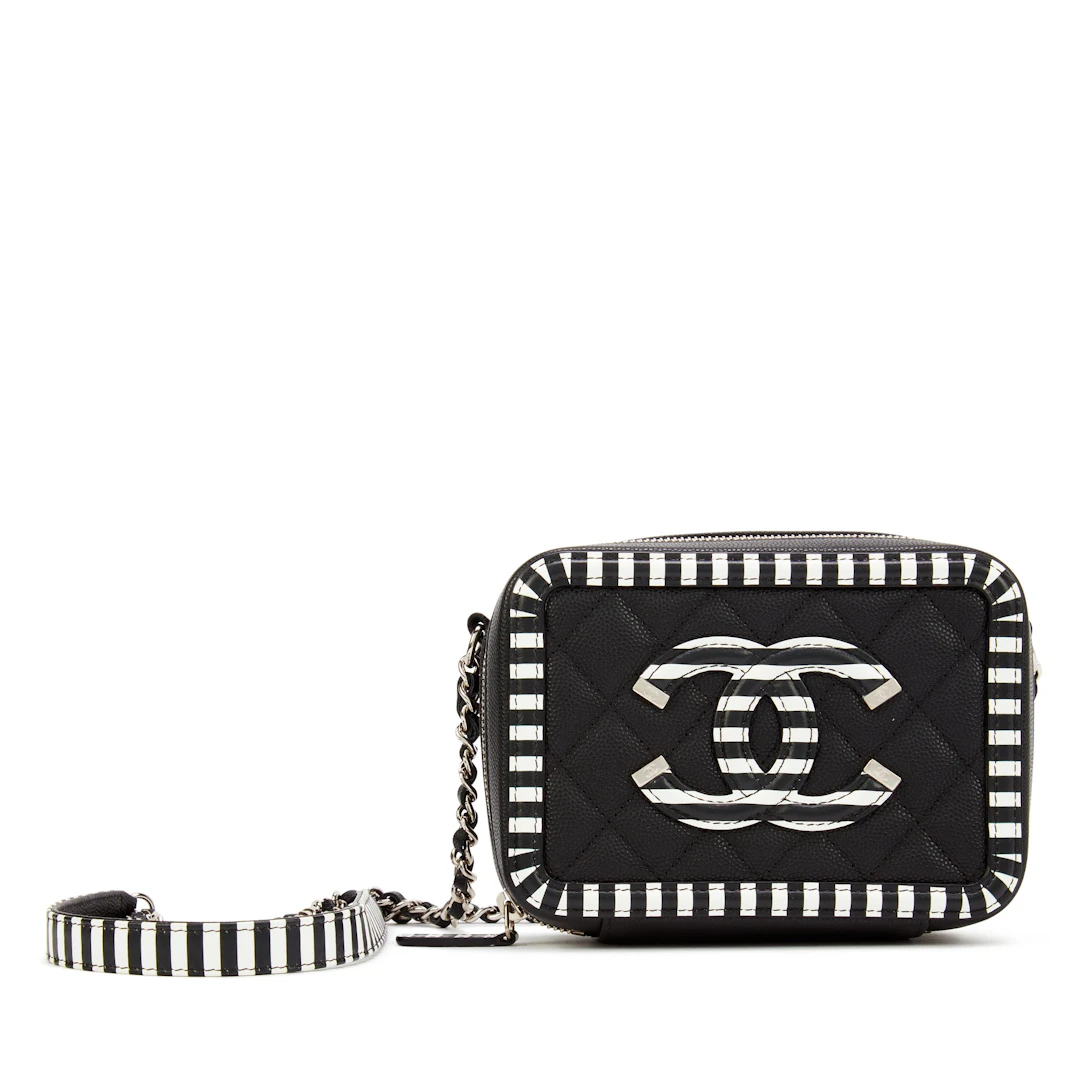 Black and White Quilted Grained Calfskin Mini Filigree Clutch with