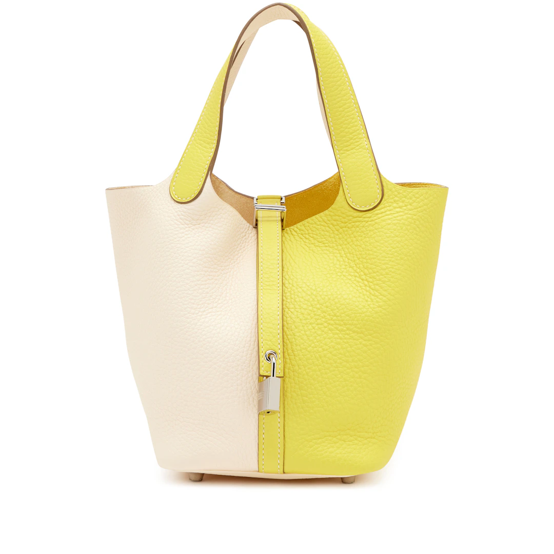 Lime and Nata Bicolor Taurillon Clemence Casaque Picotin Lock 18 Palladium