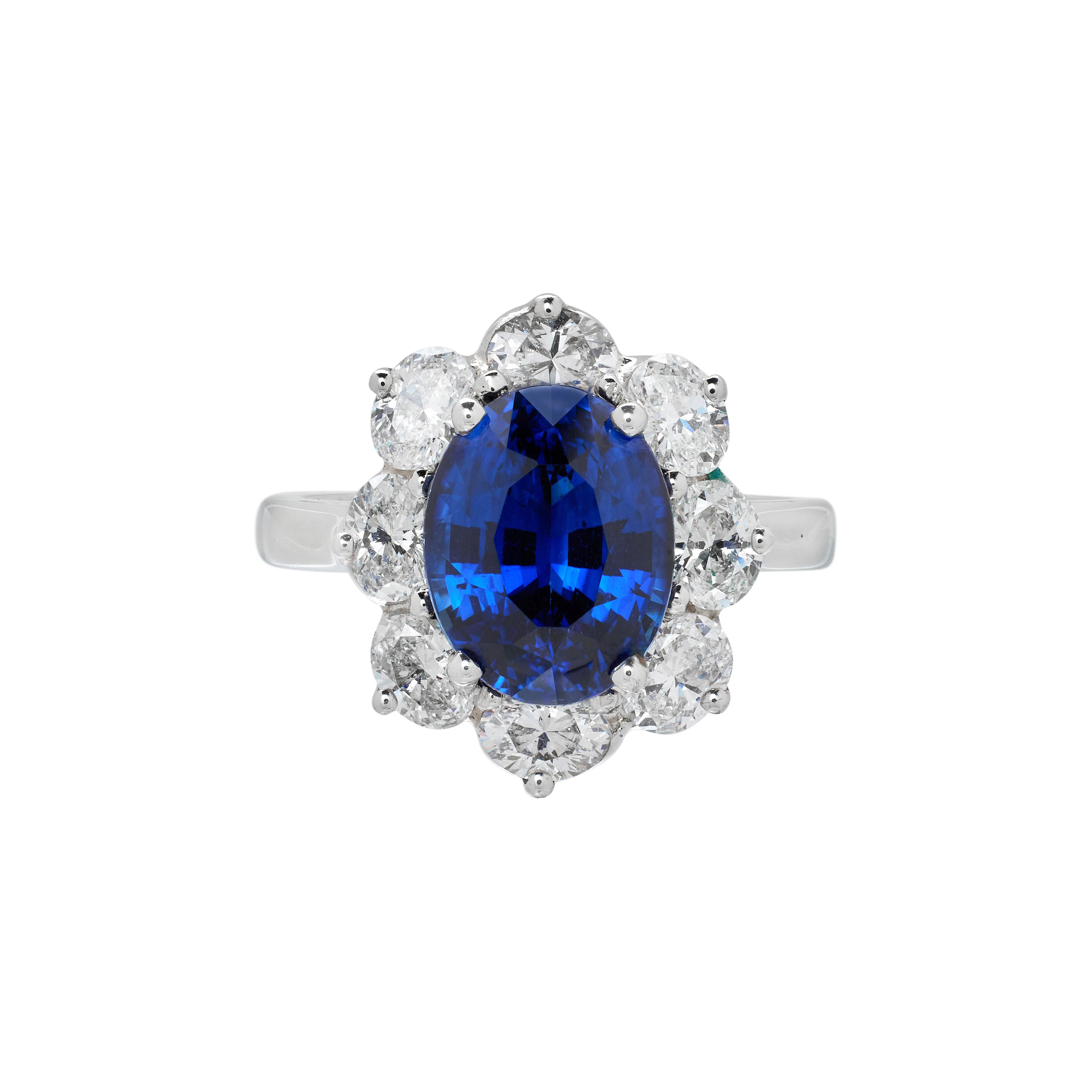 Platinum, 4.19ct Ceylon Royal Blue Sapphire and Diamond Ring