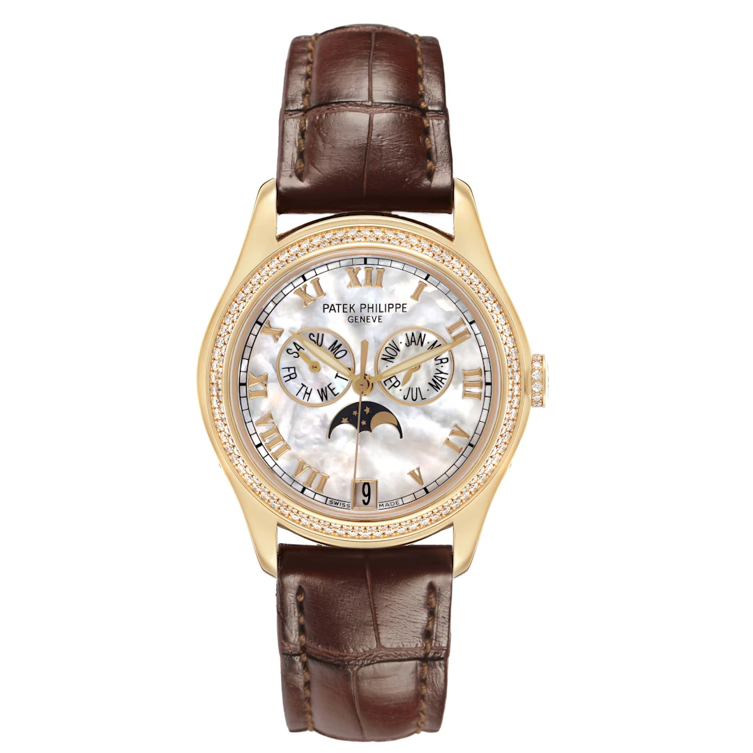 Complications (Reference 4936J-001). A 37mm yellow gold diamond-set