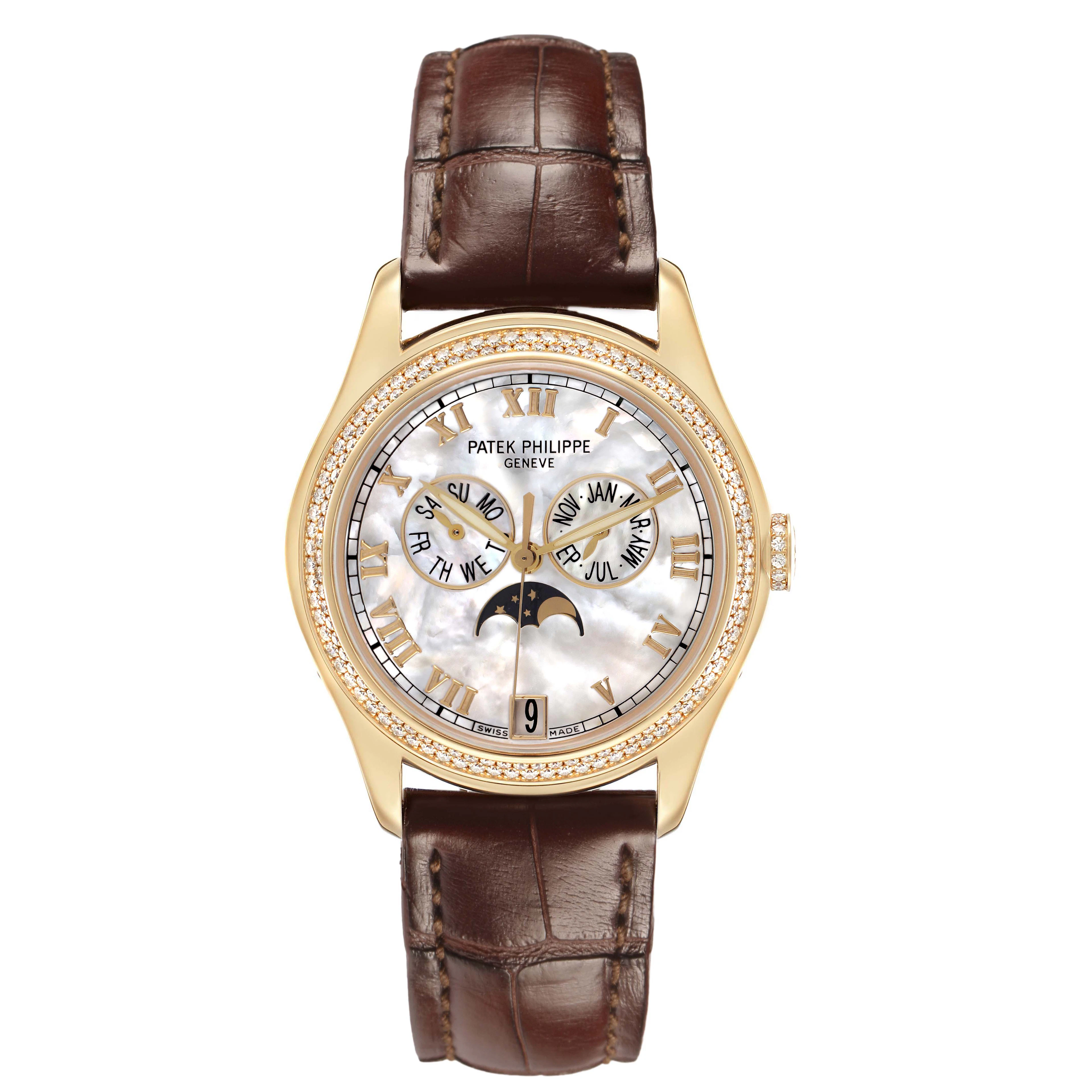 Complications (Reference 4936J-001). A 37mm yellow gold diamond-set