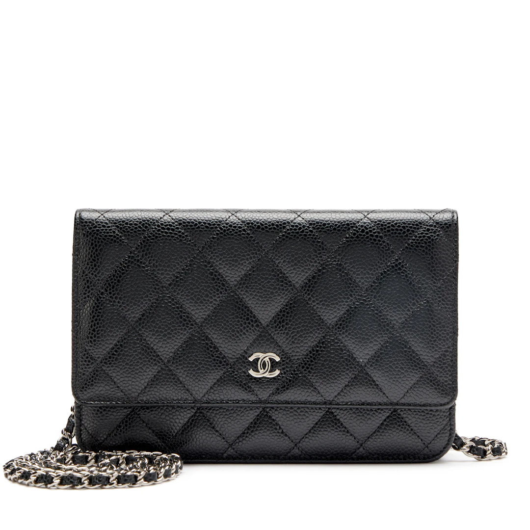 Black Quilted Caviar Classic Wallet On Chain WOC Silver Hardware, 2018-2019