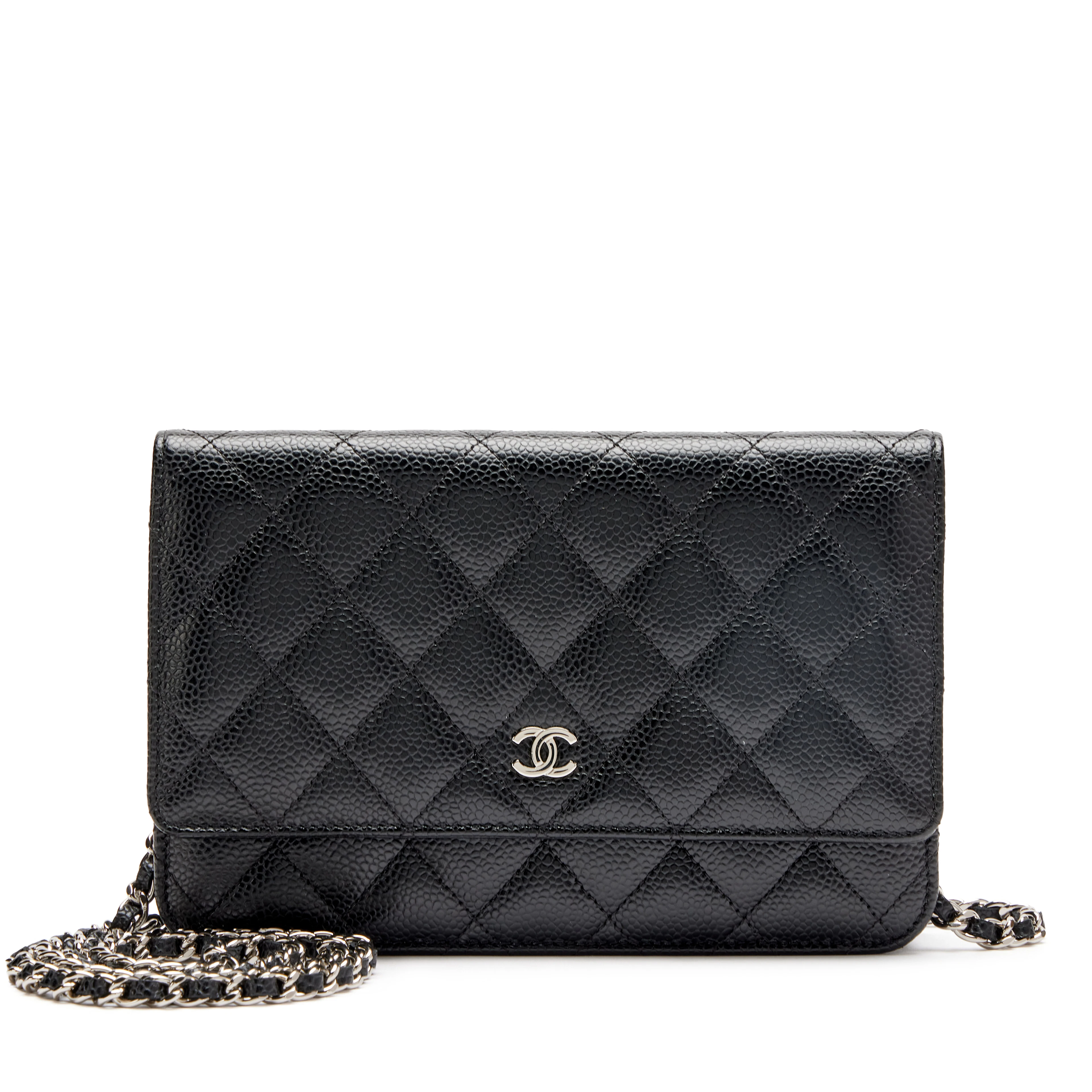 Black Quilted Caviar Classic Wallet On Chain WOC Silver Hardware, 2018-2019