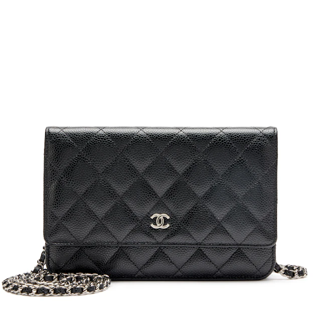 Black Quilted Caviar Classic Wallet On Chain WOC Silver Hardware, 2018-2019