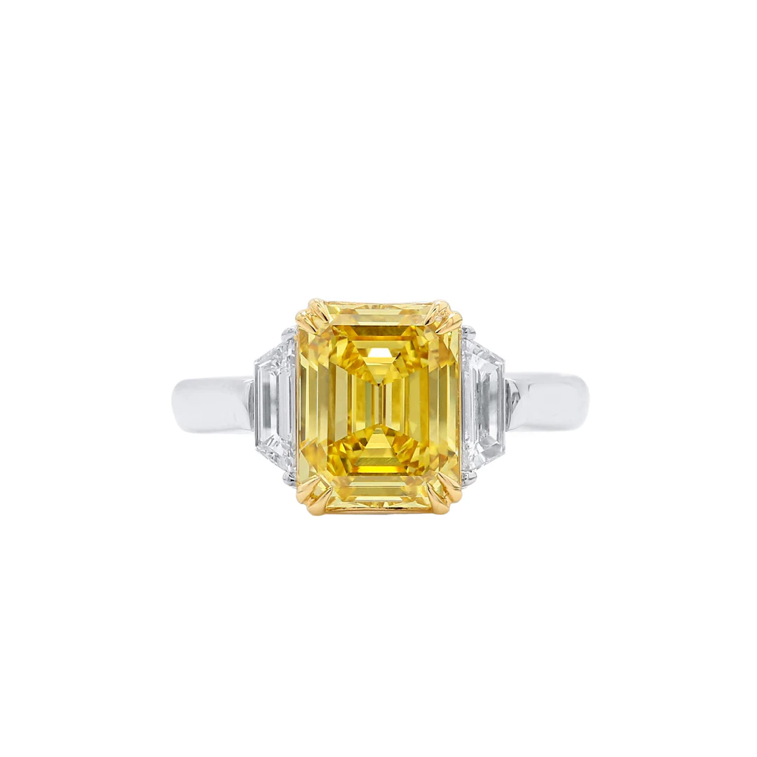 White Gold, Gold, 3.08ct Emerald Cut Fancy Vivid Yellow Diamond and