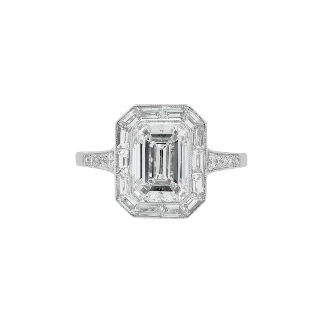 Platinum, 2.01ct Emerald Cut Diamond and Diamond Engagement Ring