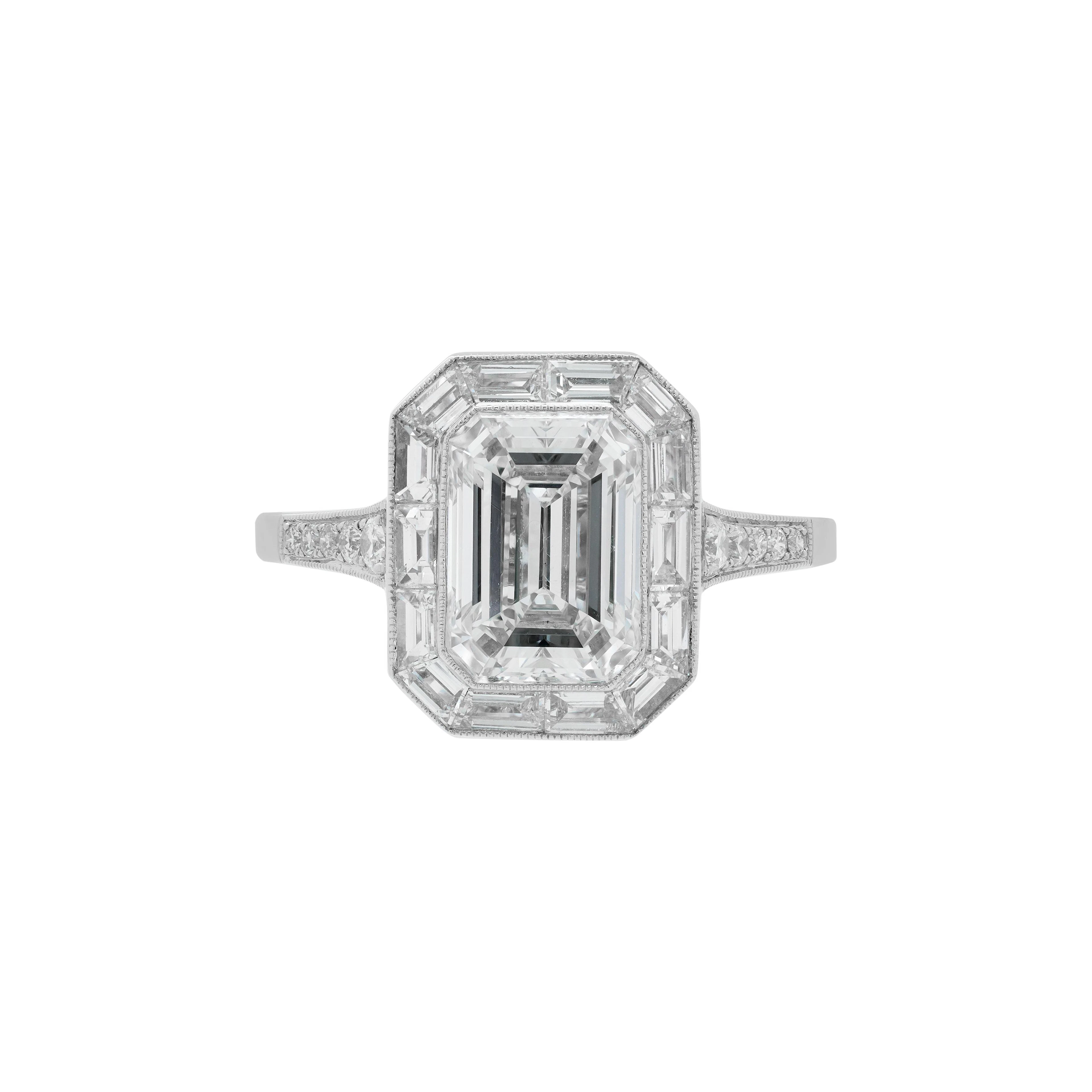 Platinum, 2.01ct Emerald Cut Diamond and Diamond Engagement Ring