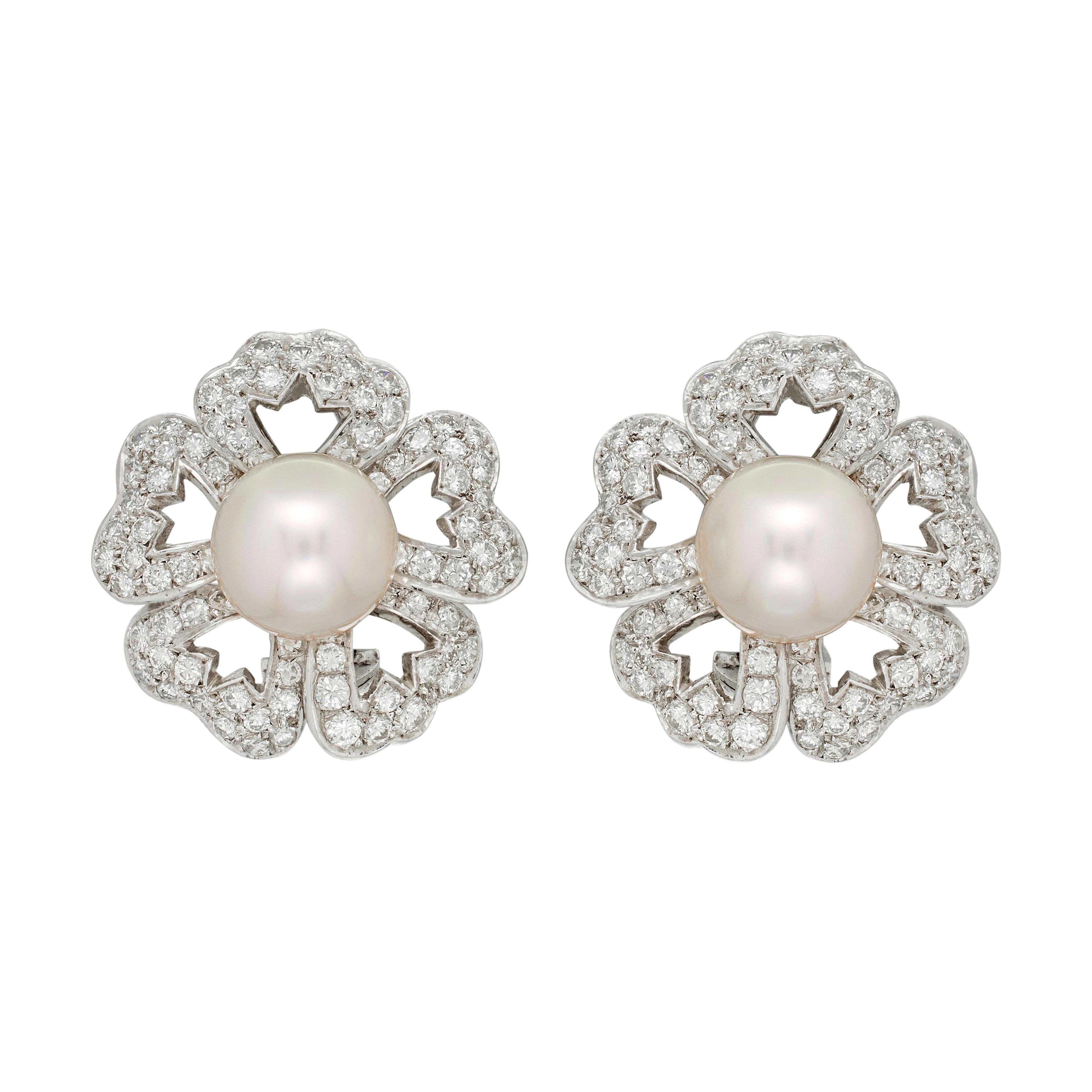 White Gold, Cultured Pearl and Diamond Floral Earclips